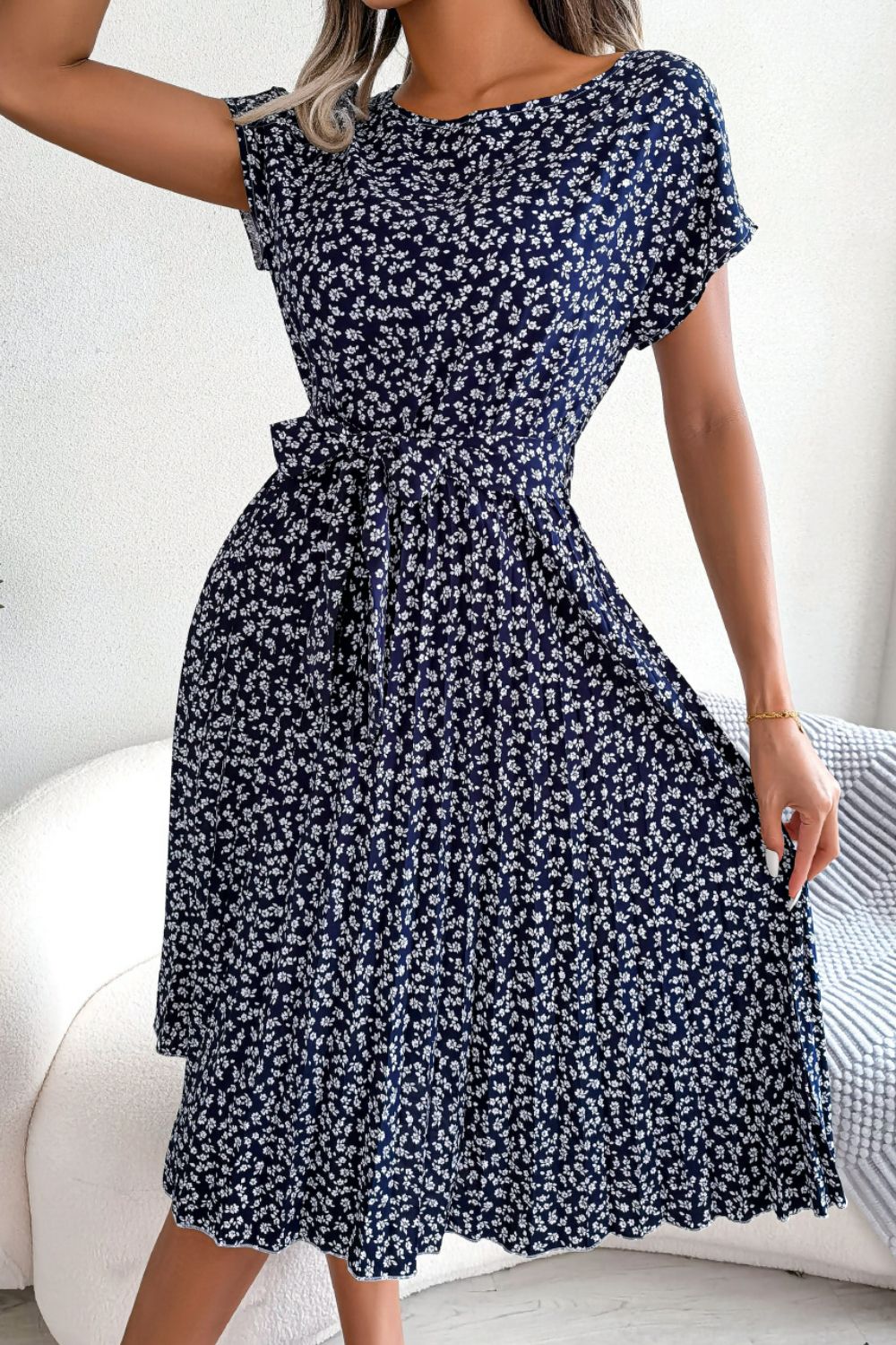 Ditsy Floral Pleated Belted Midi Dress BLUE ZONE PLANET