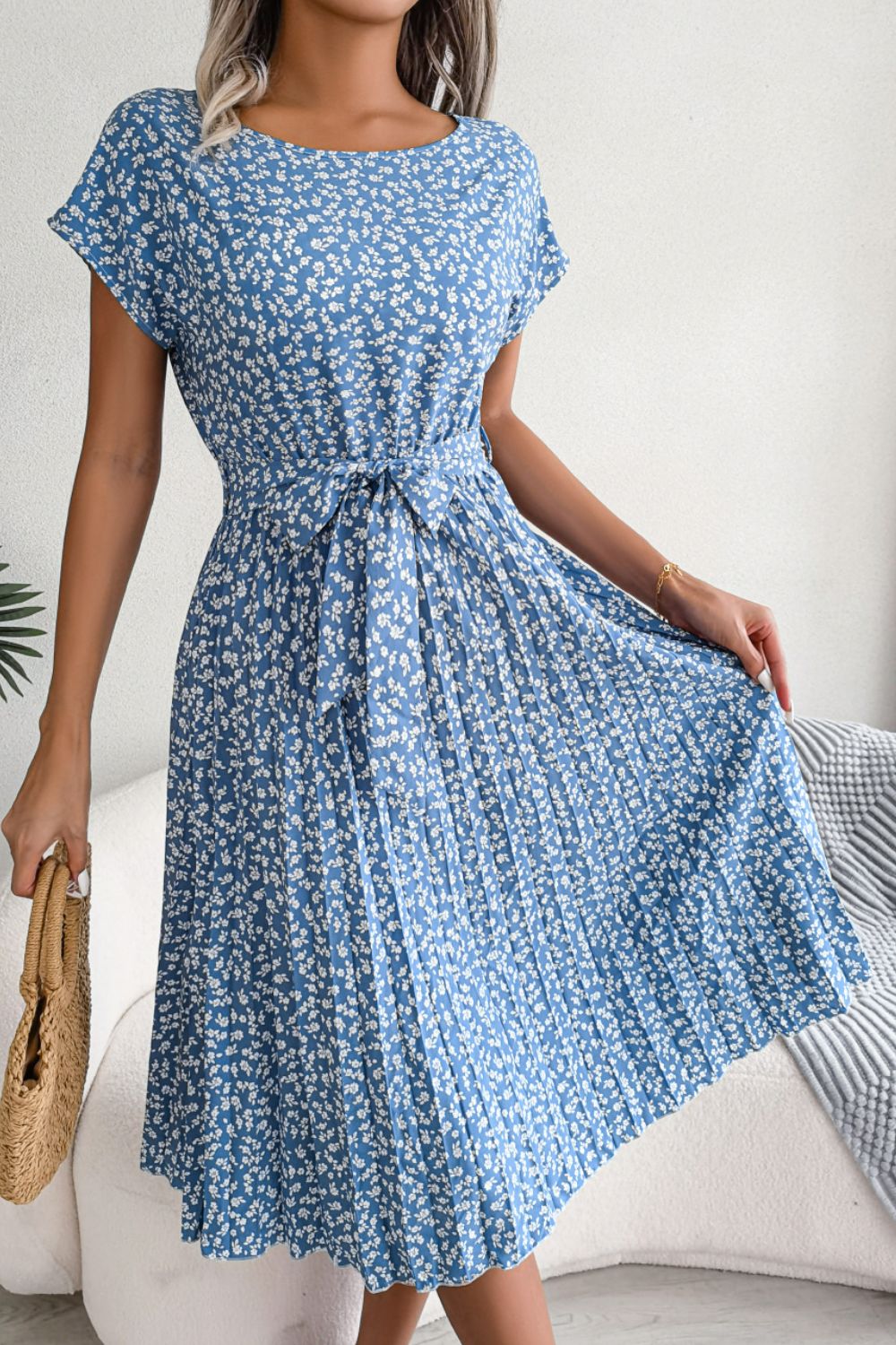 Ditsy Floral Pleated Belted Midi Dress BLUE ZONE PLANET