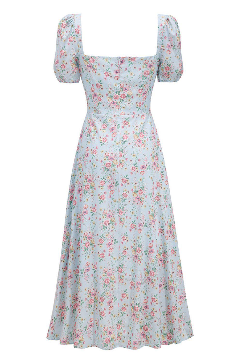 Ditsy Floral Puff Sleeve Thigh Slit Dress BLUE ZONE PLANET