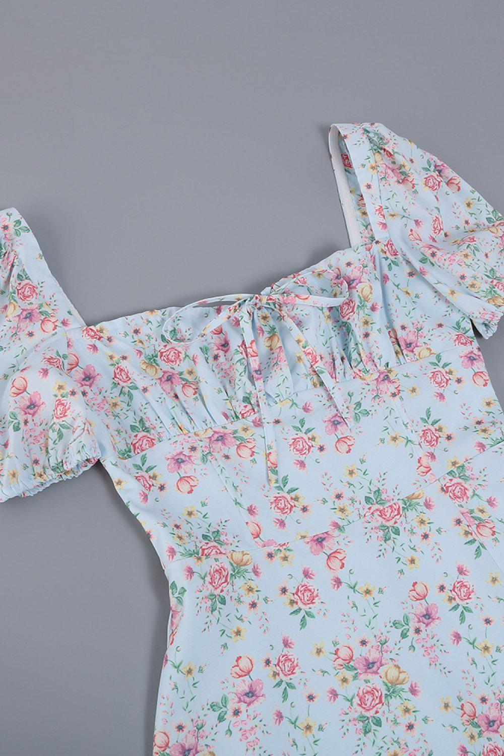 Ditsy Floral Puff Sleeve Thigh Slit Dress BLUE ZONE PLANET