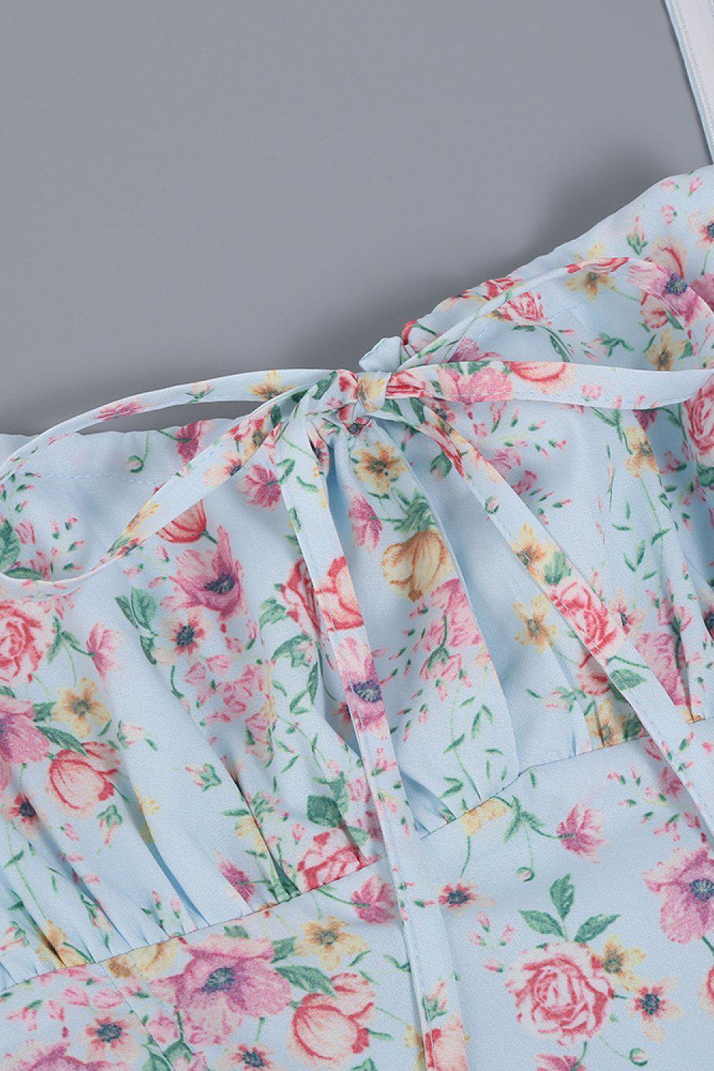 Ditsy Floral Puff Sleeve Thigh Slit Dress BLUE ZONE PLANET