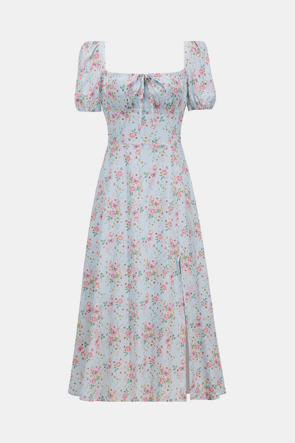 Ditsy Floral Puff Sleeve Thigh Slit Dress BLUE ZONE PLANET