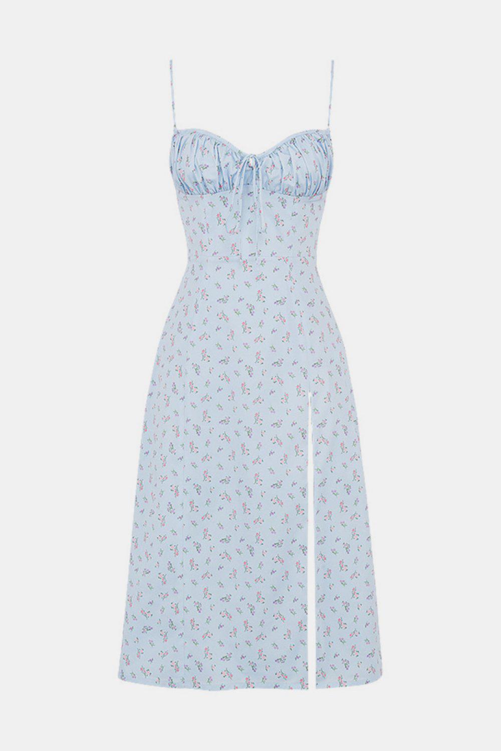 Ditsy Floral Ruched Bust Thigh Slit Midi Dress BLUE ZONE PLANET