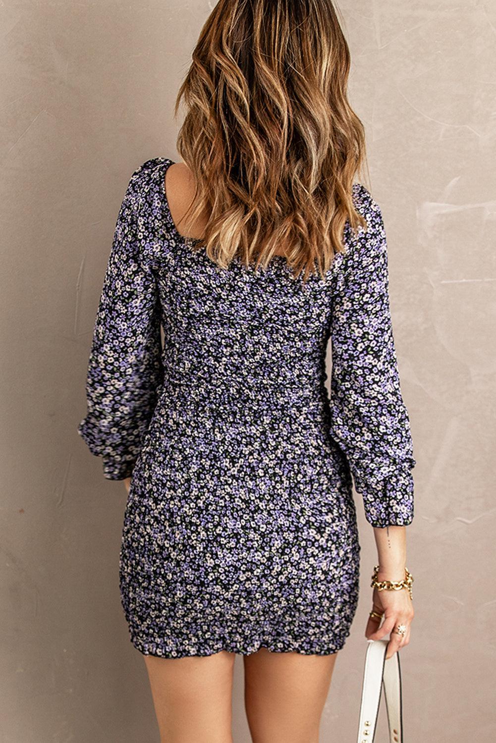 Ditsy Floral Smocked Sweetheart Neck Mini Dress BLUE ZONE PLANET
