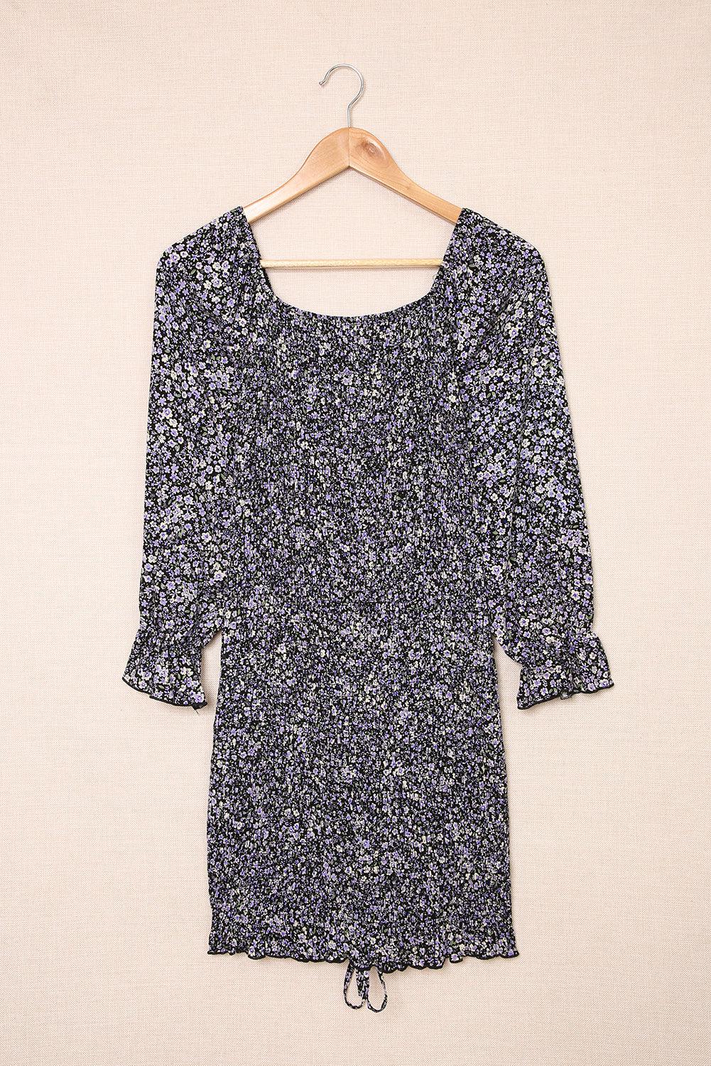 Ditsy Floral Smocked Sweetheart Neck Mini Dress BLUE ZONE PLANET