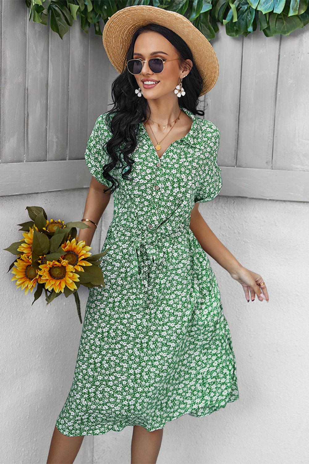 Ditsy Floral Tie-Waist Half Button Dress BLUE ZONE PLANET