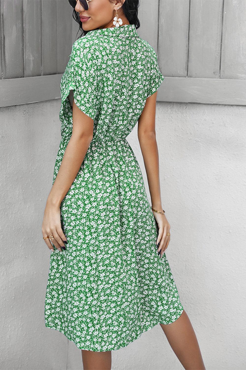 Ditsy Floral Tie-Waist Half Button Dress BLUE ZONE PLANET