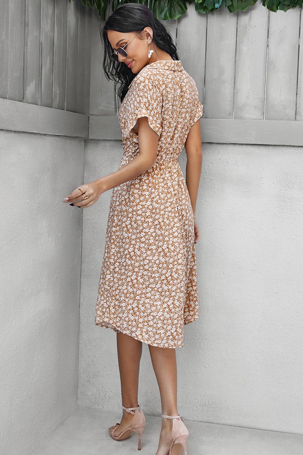 Ditsy Floral Tie-Waist Half Button Dress BLUE ZONE PLANET