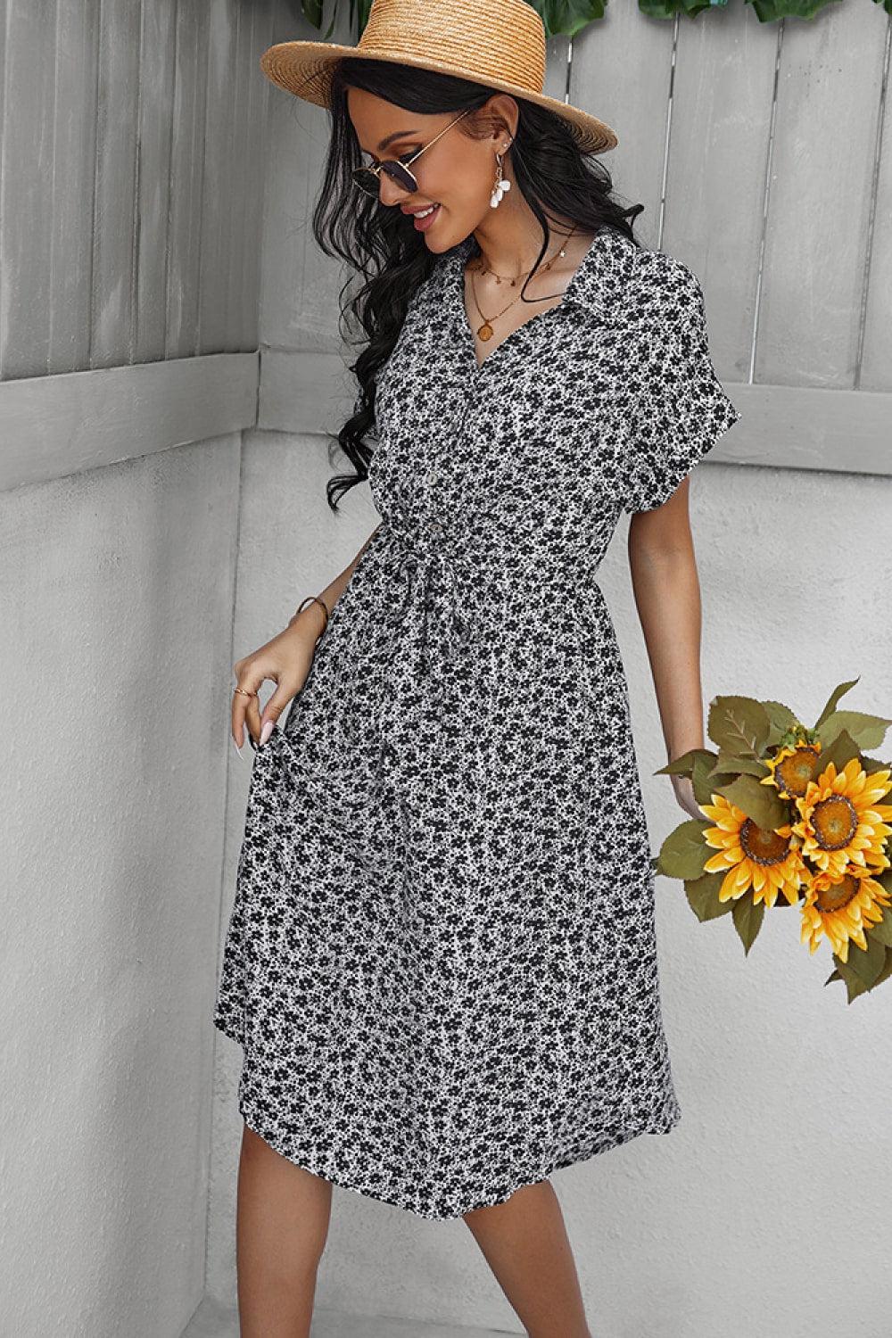 Ditsy Floral Tie-Waist Half Button Dress BLUE ZONE PLANET