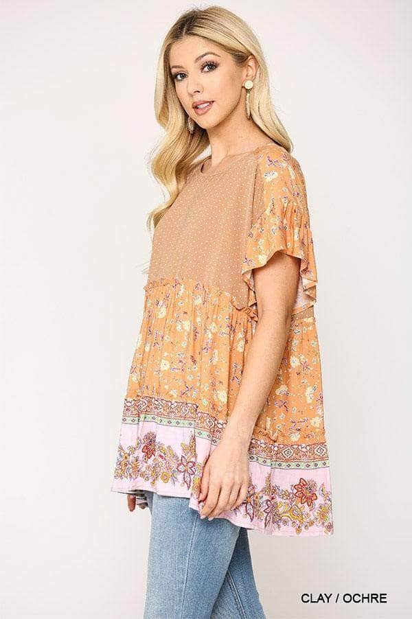 Dot And Floral Print Mixed Ruffle Top With Back Keyhole Blue Zone Planet