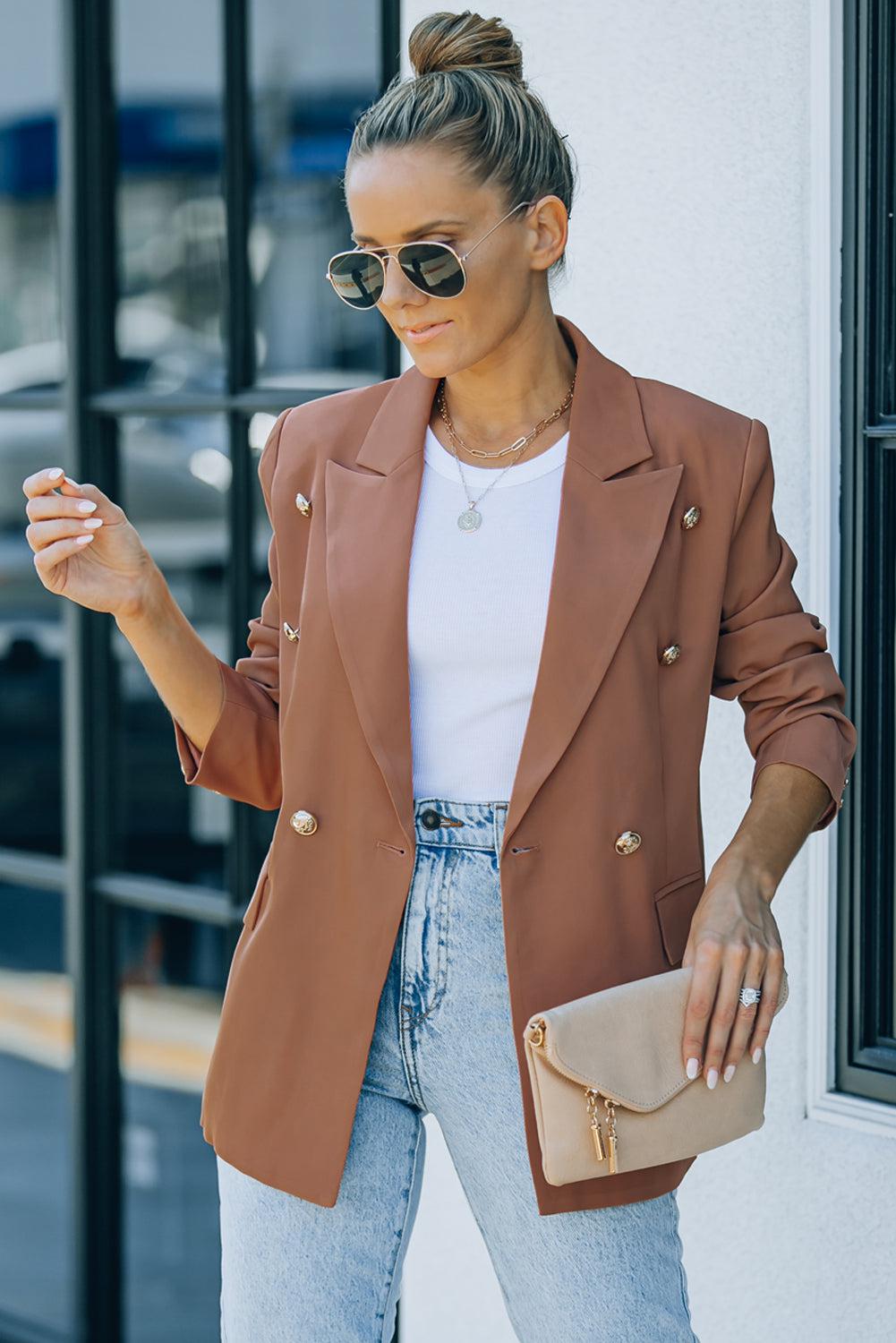 Double-Breasted Lapel Collar Long Sleeve Blazer BLUE ZONE PLANET