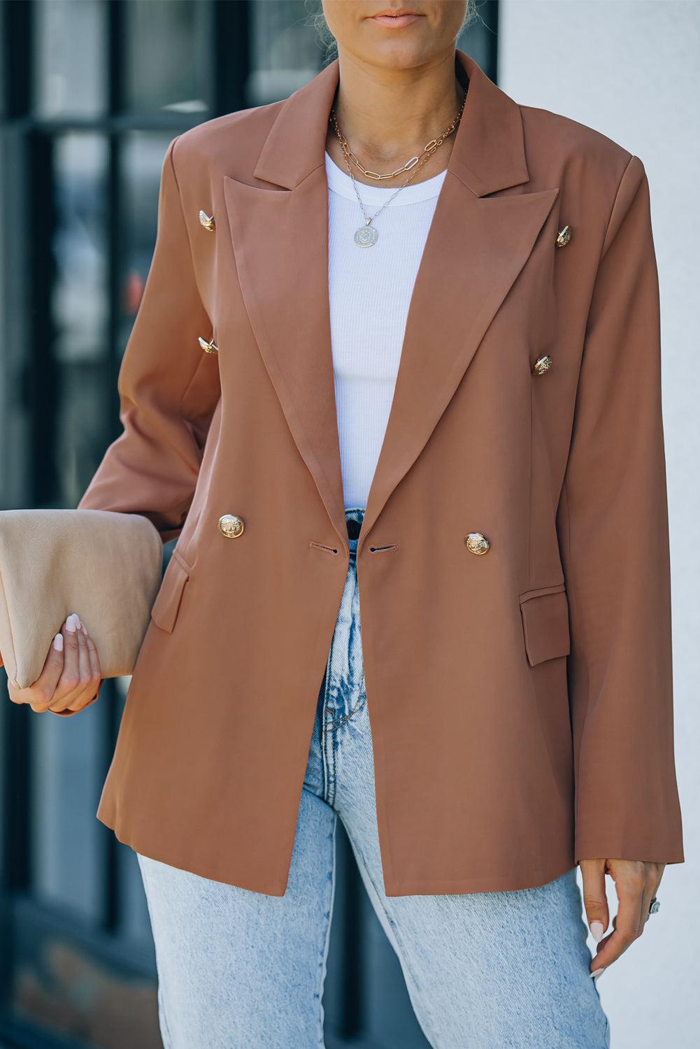 Double-Breasted Lapel Collar Long Sleeve Blazer BLUE ZONE PLANET
