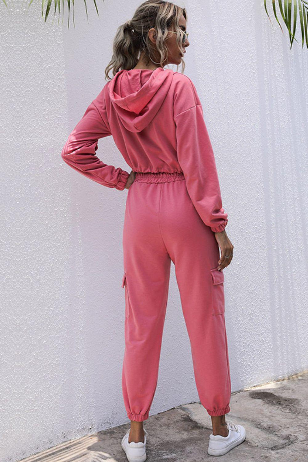 Drawstring Hem Cropped Hoodie and Cargo Joggers Set BLUE ZONE PLANET