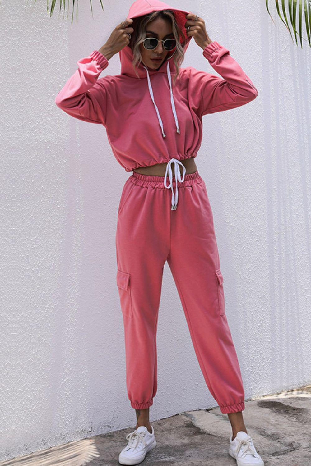 Drawstring Hem Cropped Hoodie and Cargo Joggers Set BLUE ZONE PLANET