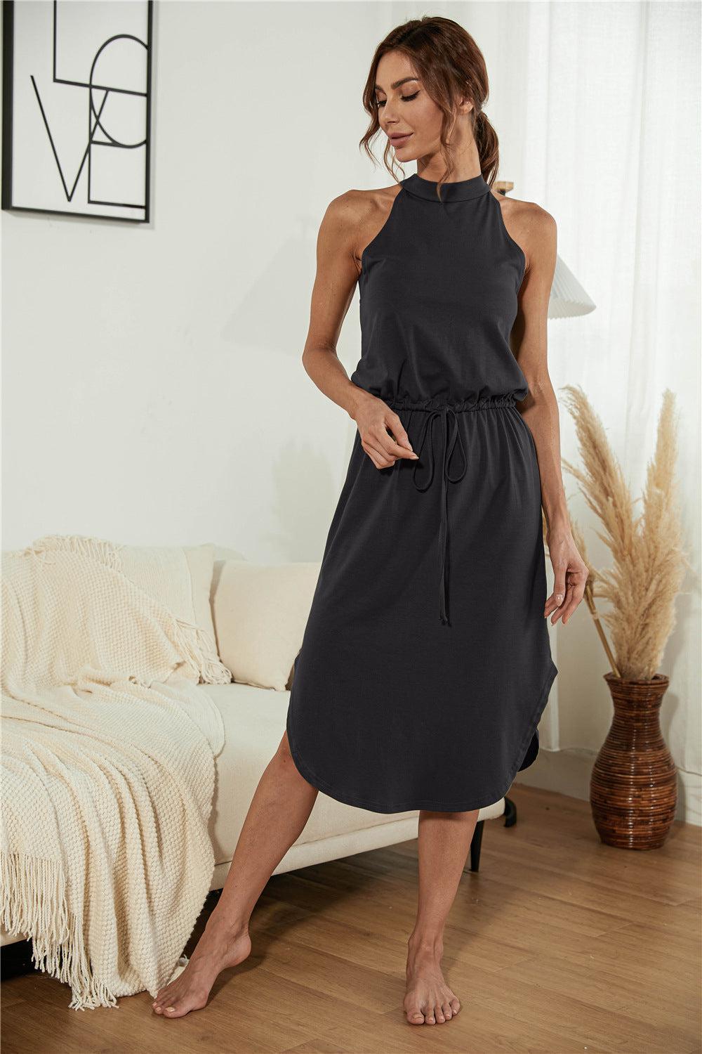 Drawstring Open Back Slit Sleeveless Midi Dress BLUE ZONE PLANET