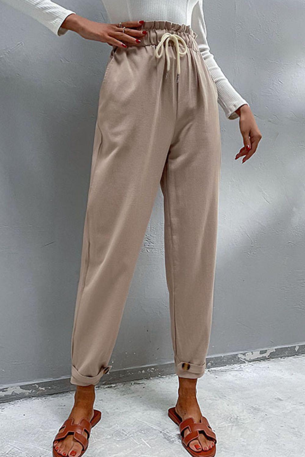 Drawstring Paperbag Waist Button Detail Pants BLUE ZONE PLANET