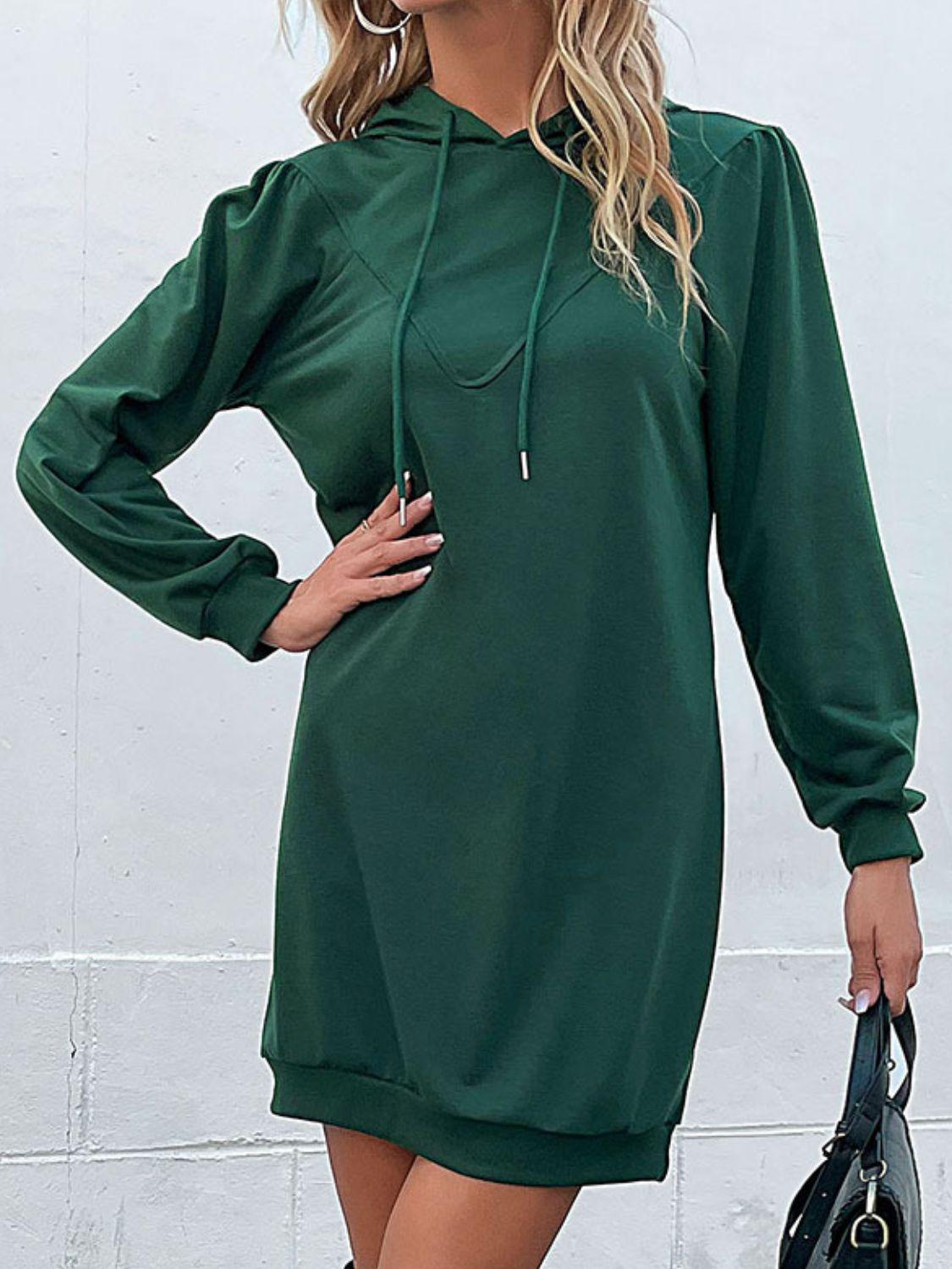 Drawstring Puff Sleeve Hooded Dress BLUE ZONE PLANET