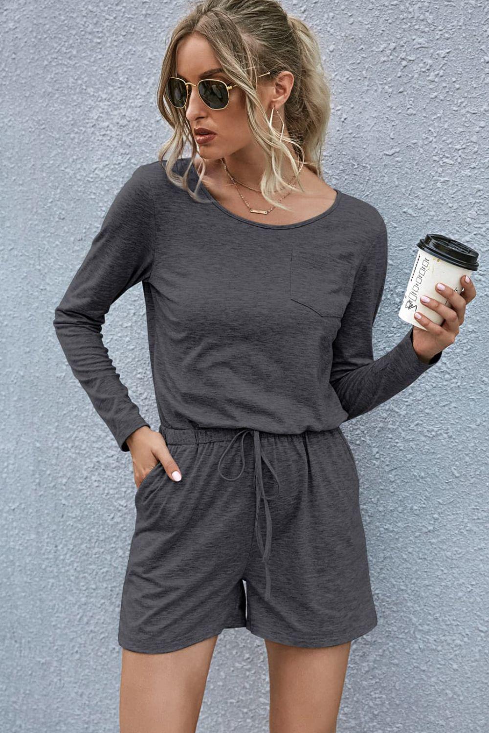 Drawstring Waist Long Sleeve Romper BLUE ZONE PLANET