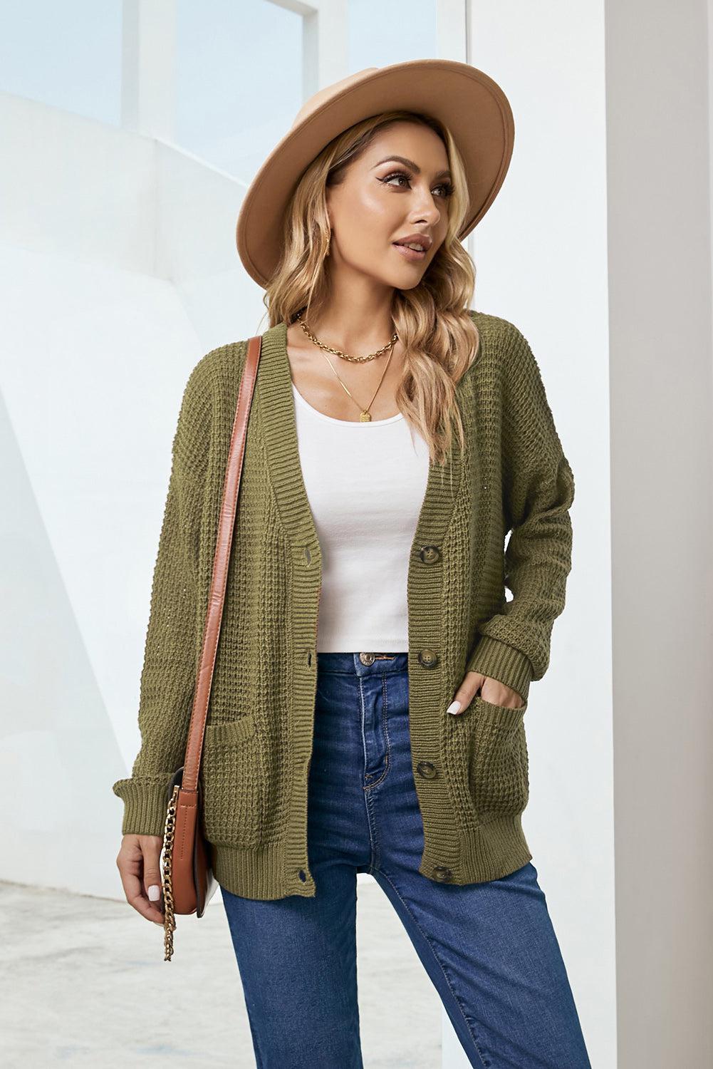 Drop Shoulder Button Down Pocketed Cardigan BLUE ZONE PLANET