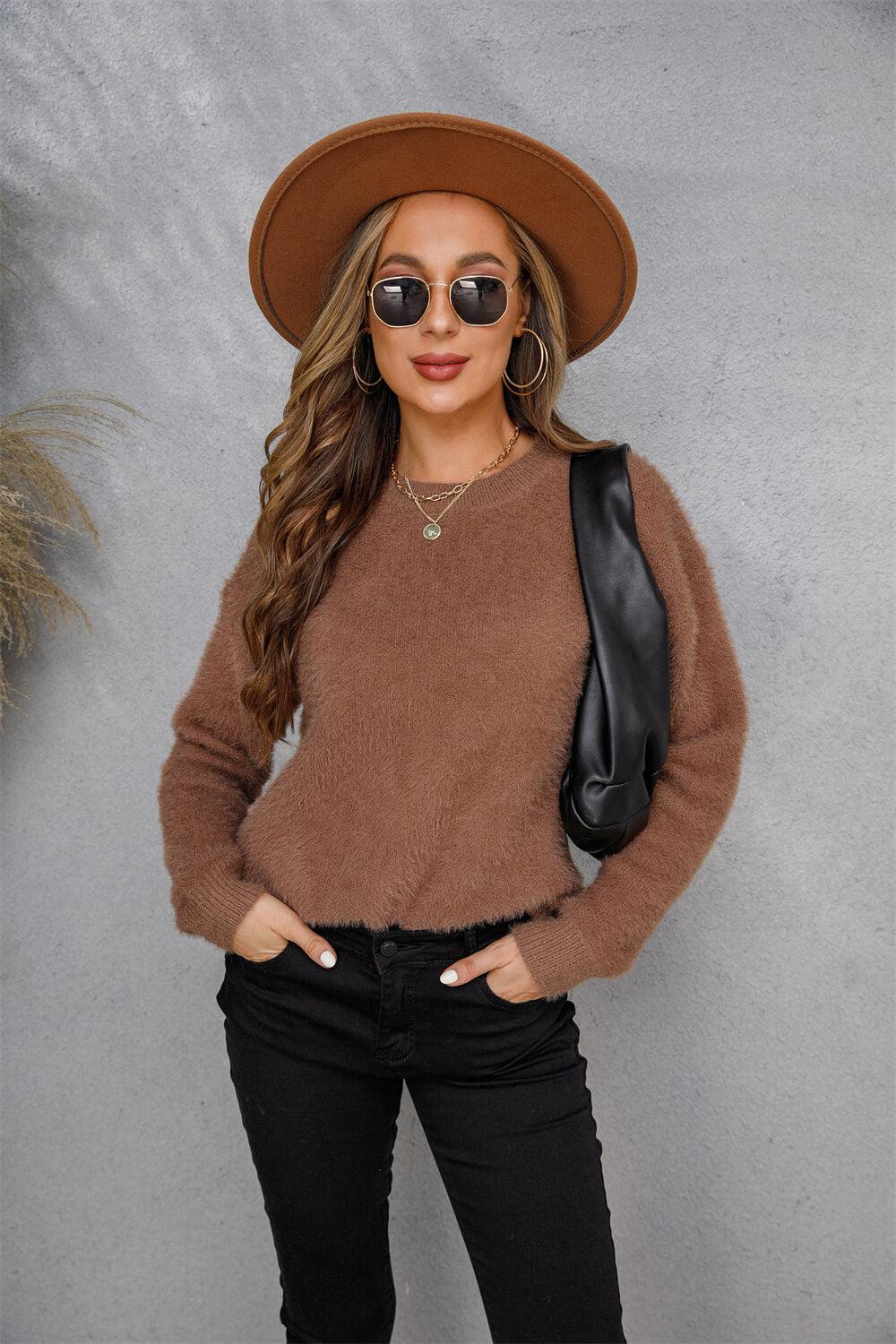 Dropped Shoulder Round Neck Fuzzy Sweater BLUE ZONE PLANET