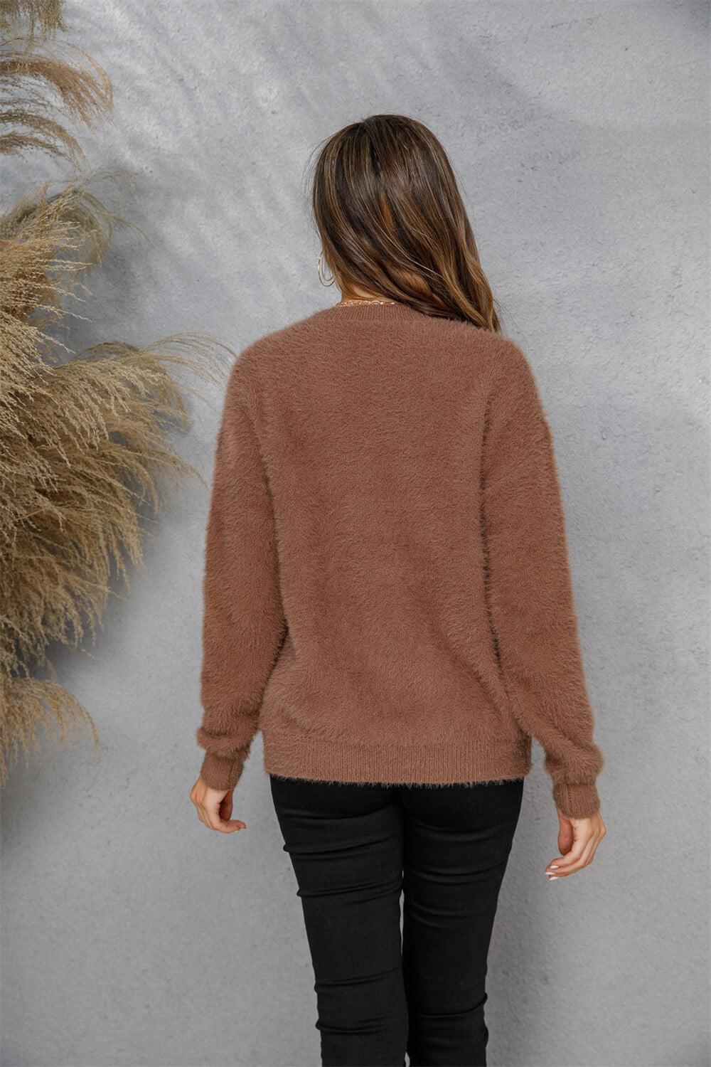 Dropped Shoulder Round Neck Fuzzy Sweater BLUE ZONE PLANET