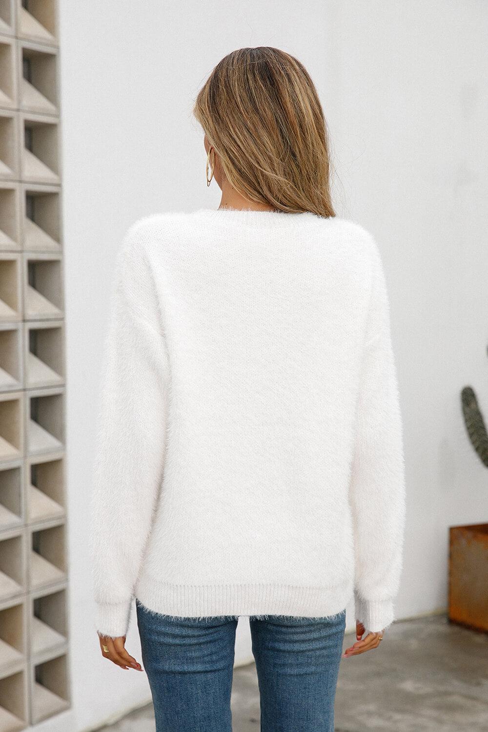 Dropped Shoulder Round Neck Fuzzy Sweater BLUE ZONE PLANET
