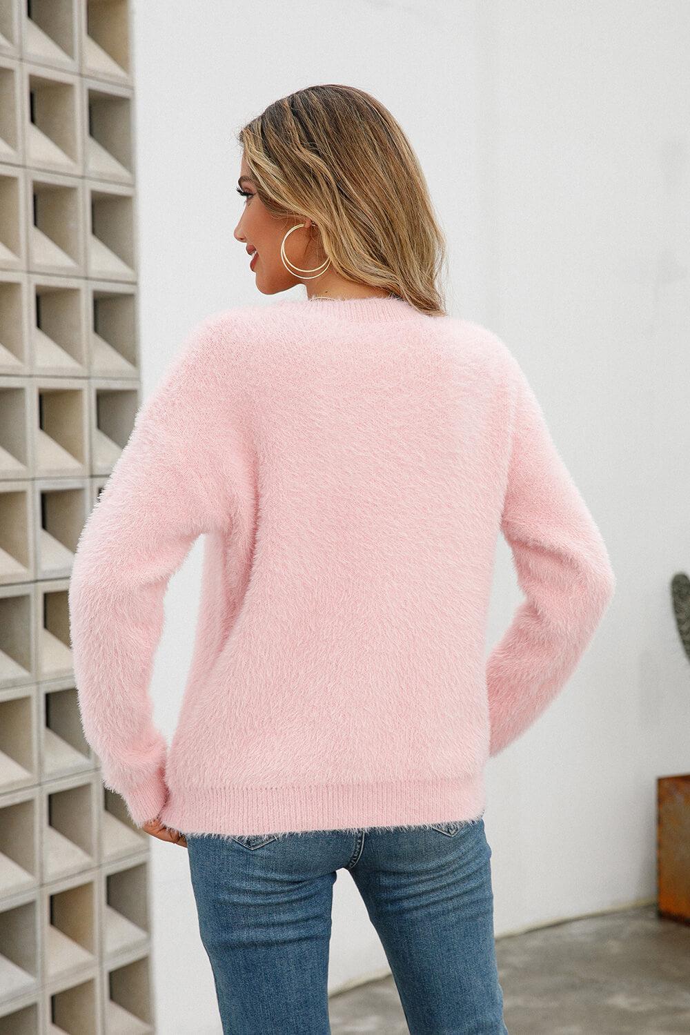 Dropped Shoulder Round Neck Fuzzy Sweater BLUE ZONE PLANET