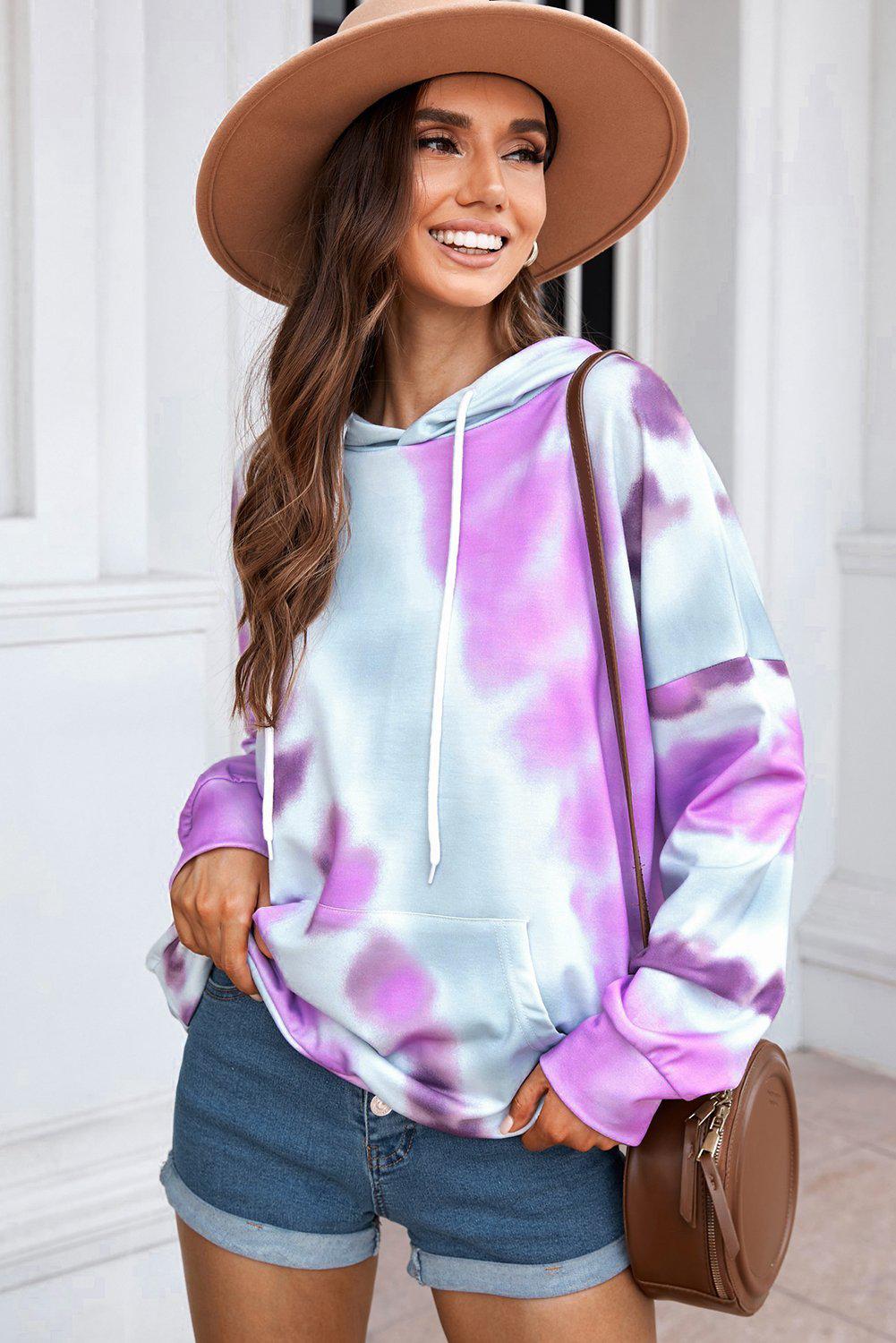 Dropped Sleeve Tie-dye Hoodie with Drawstring BLUE ZONE PLANET