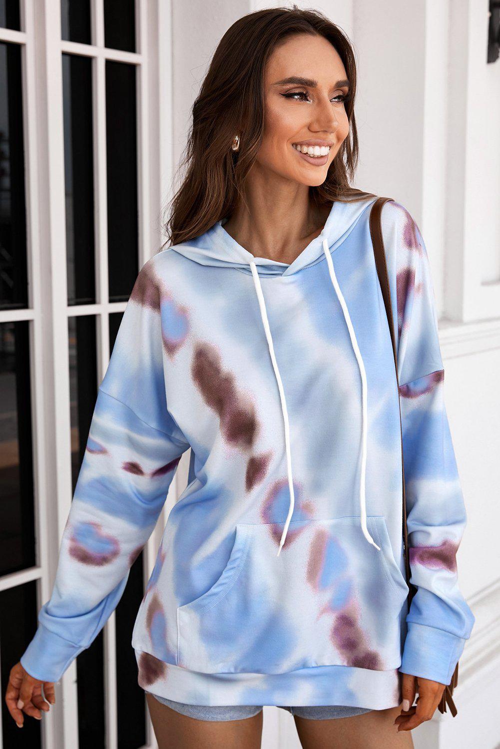 Dropped Sleeve Tie-dye Hoodie with Drawstring BLUE ZONE PLANET