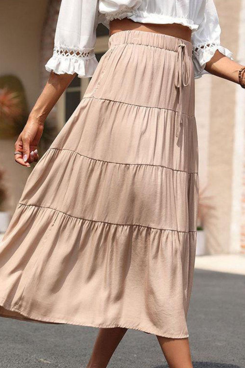 Elastic Waist Tiered Midi Skirt BLUE ZONE PLANET