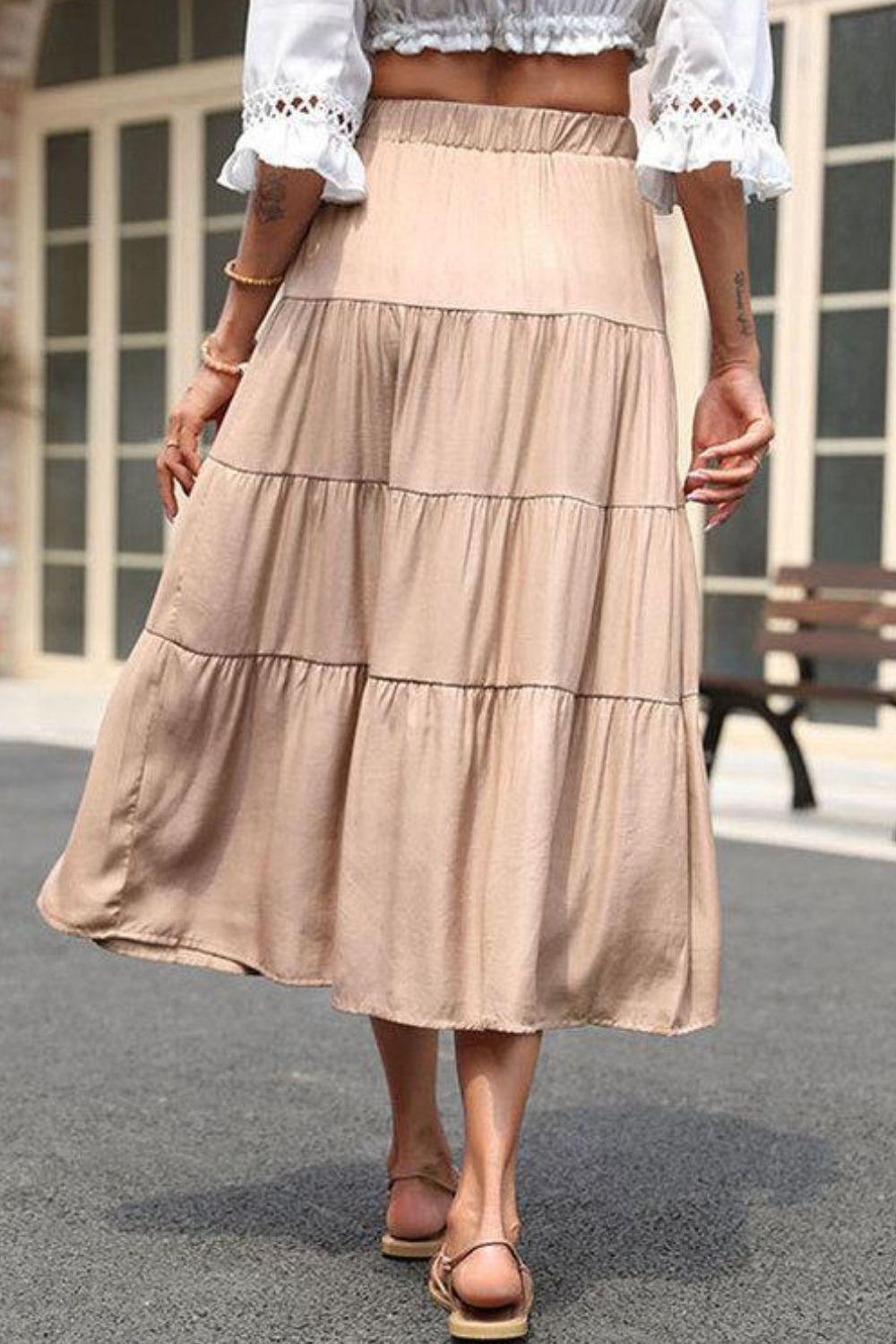 Elastic Waist Tiered Midi Skirt BLUE ZONE PLANET