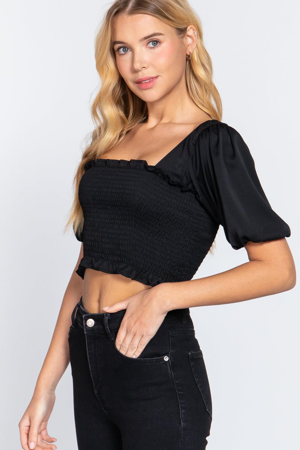 Elbow Sleeve Straight Neck Smocking W/ruffle Detail Woven Top Blue Zone Planet