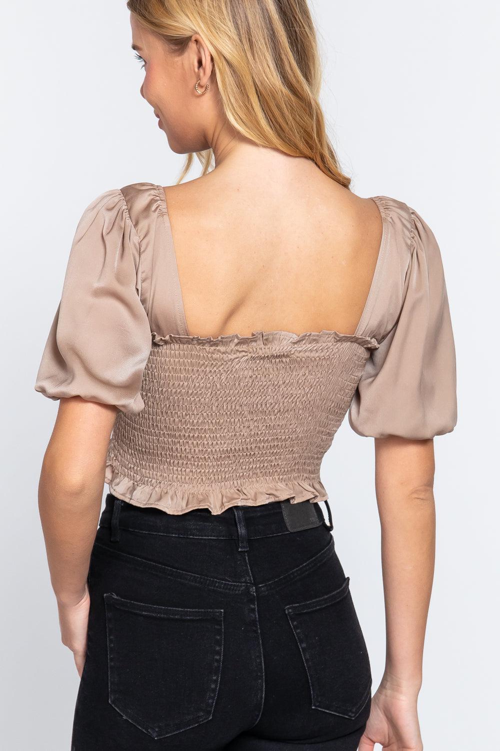 Elbow Sleeve Straight Neck Smocking W/ruffle Detail Woven Top Blue Zone Planet