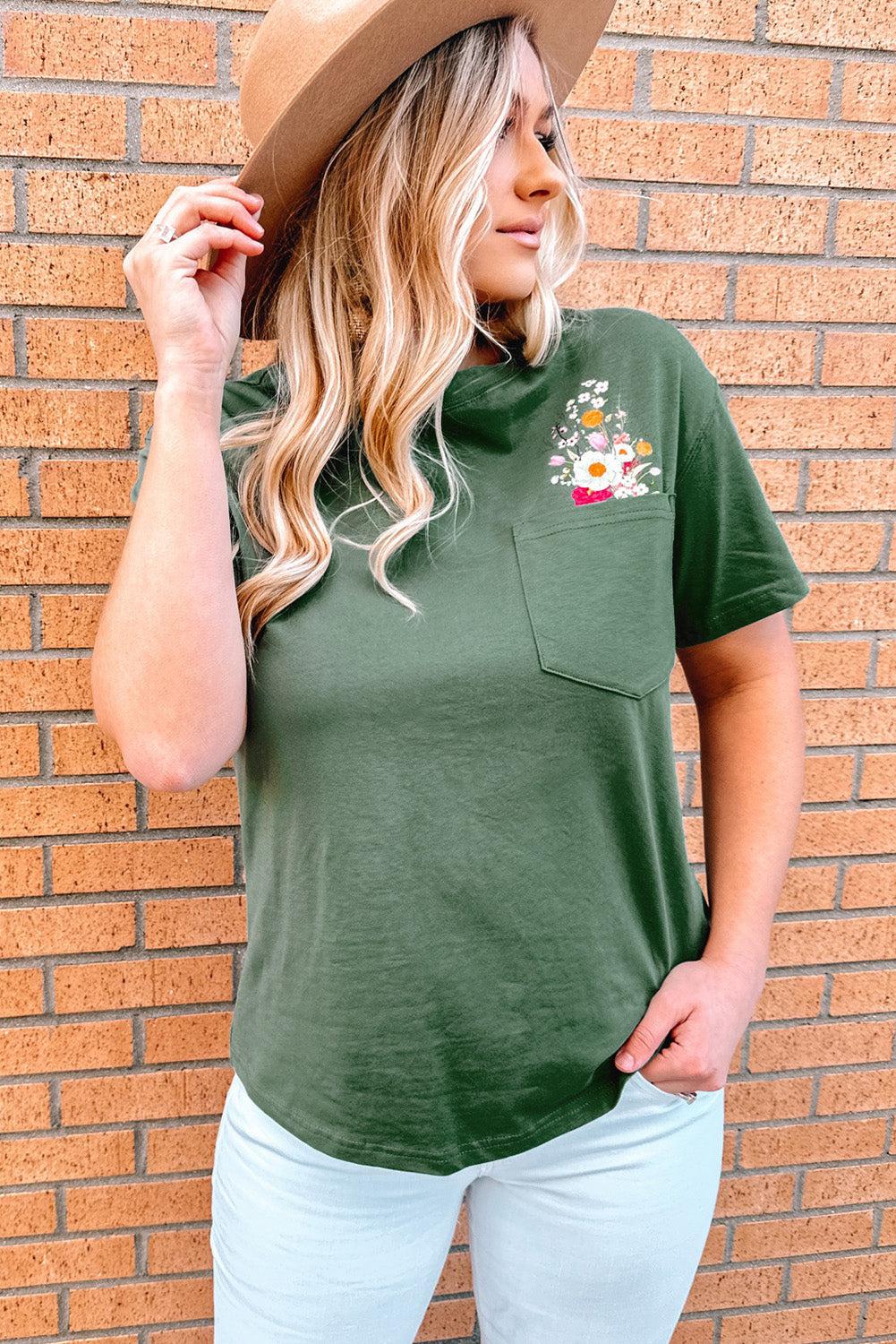 Embroidered Round Neck Pocket Tee BLUE ZONE PLANET