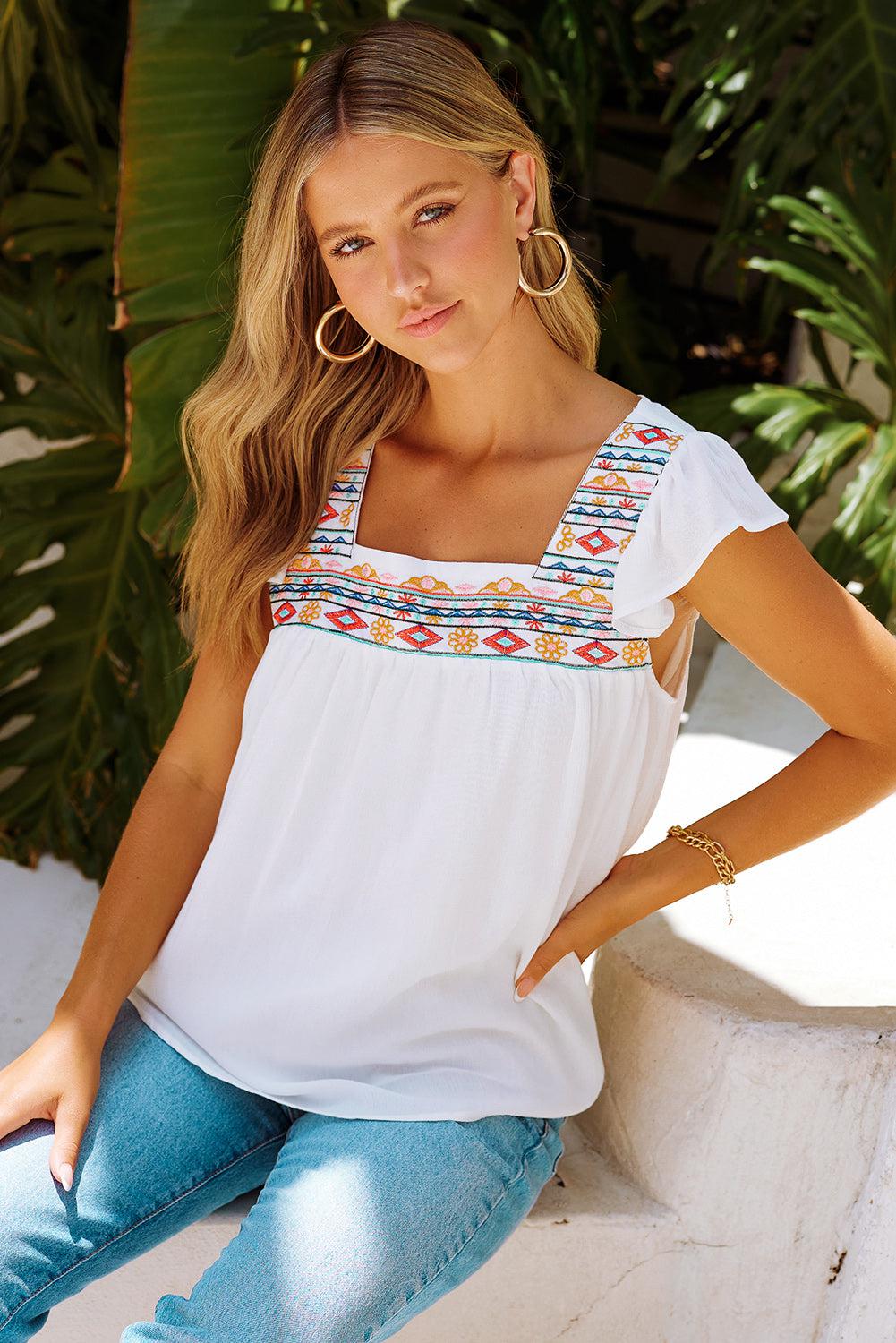 Embroidered Square Neck Flutter Sleeve Blouse BLUE ZONE PLANET