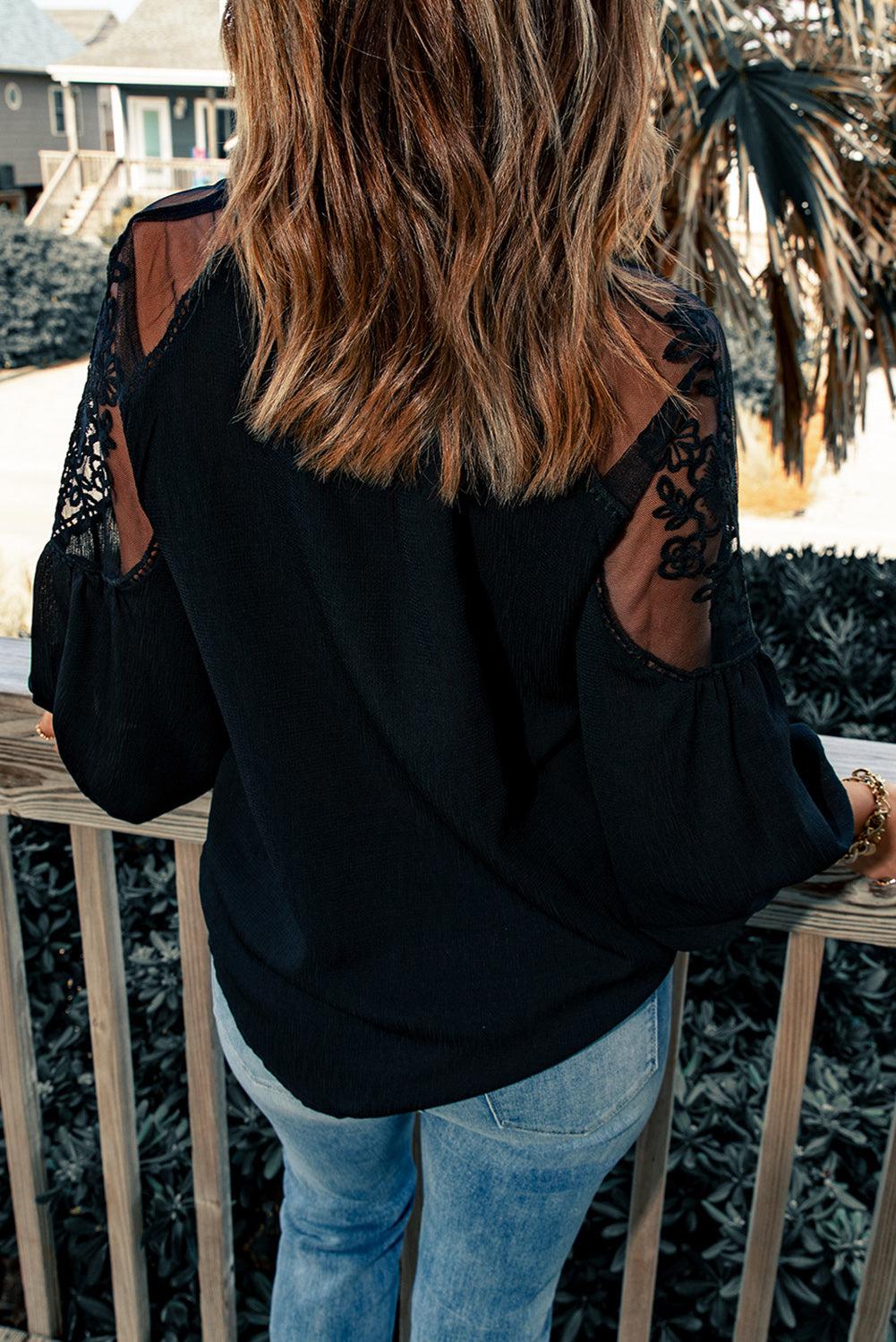 Embroidered Tie-Neck Puff Sleeve Blouse BLUE ZONE PLANET