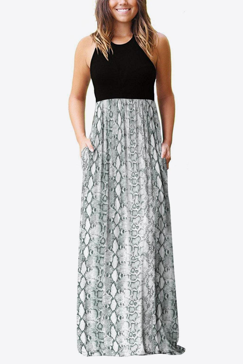 Empire Waist Sleeveless Dress with Pockets - Snakeskin / XL Empire Waist Sleeveless Dress with Pockets - Snakeskin / XL