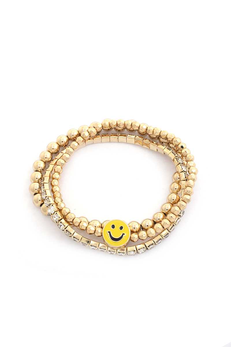 Enamel Happy Face Charm Rhinestone Ball Bead Bracelet Set Blue Zone Planet