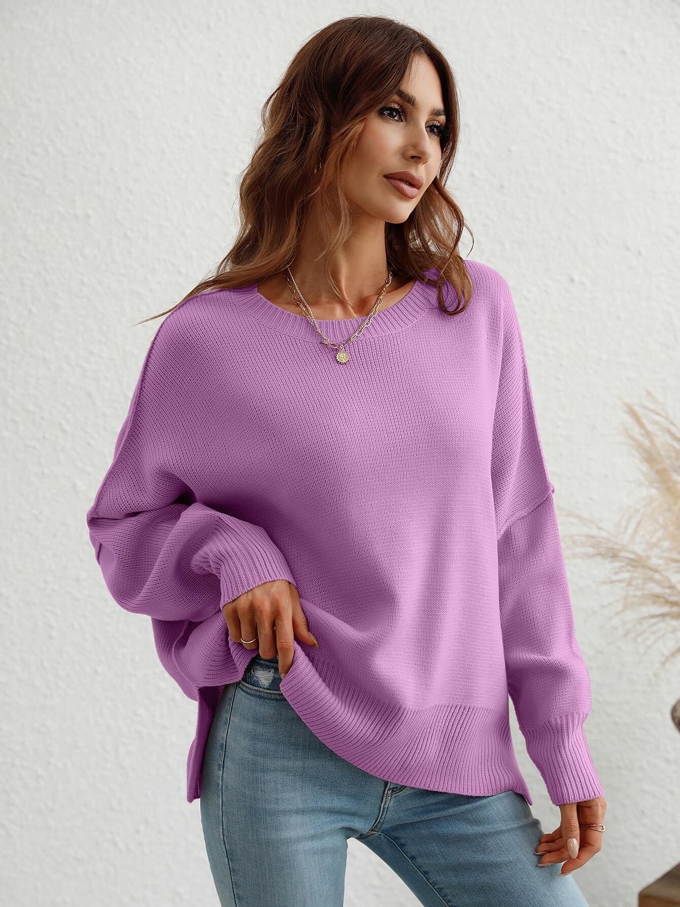 Exposed Seam Dropped Shoulder Slit Sweater BLUE ZONE PLANET