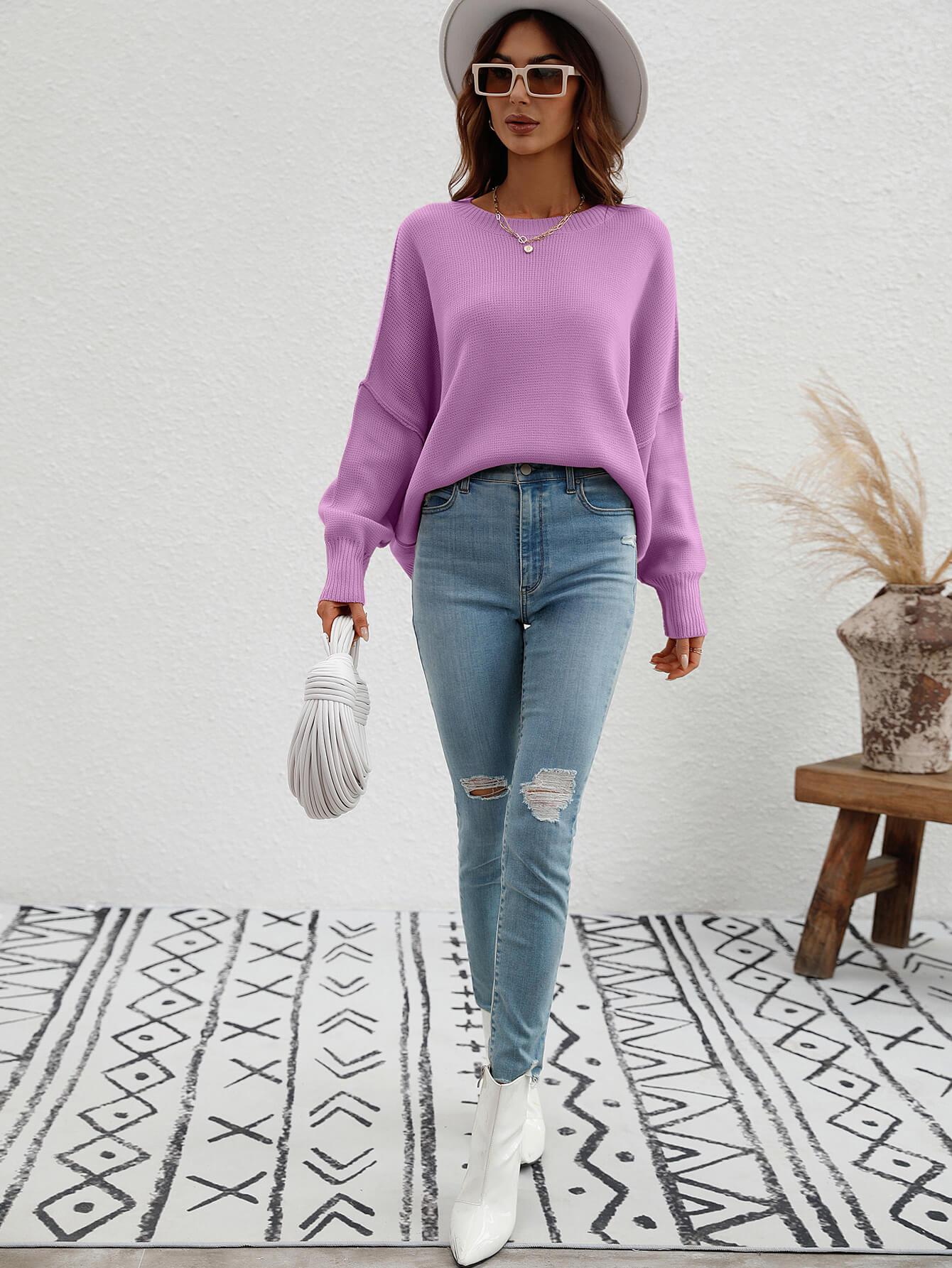 Exposed Seam Dropped Shoulder Slit Sweater BLUE ZONE PLANET