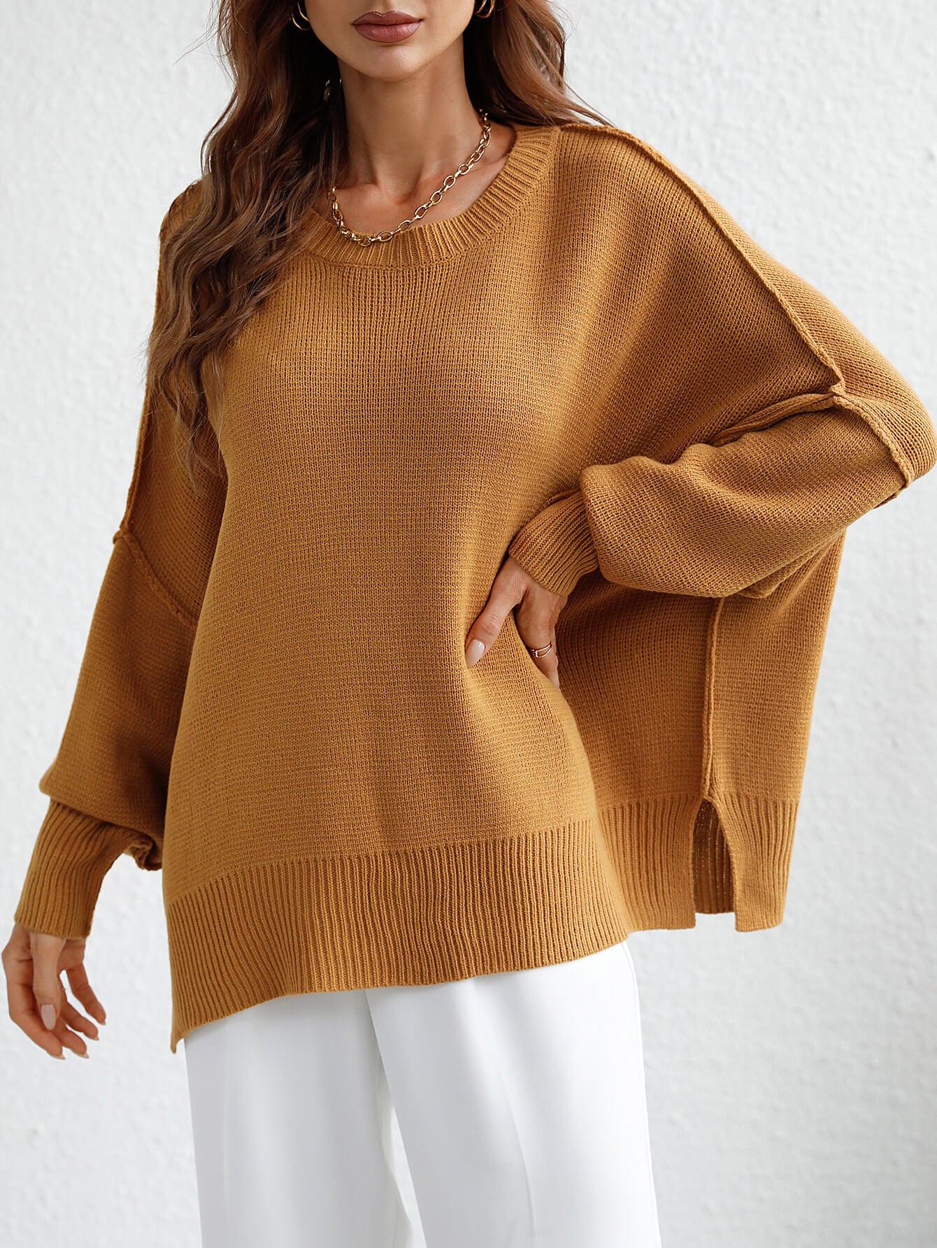 Exposed Seam Dropped Shoulder Slit Sweater BLUE ZONE PLANET