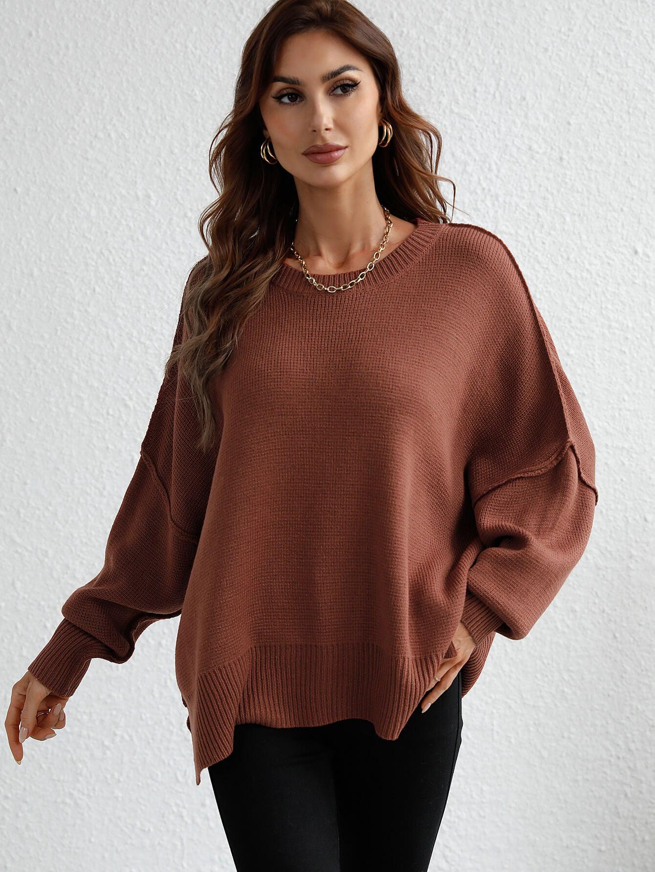 Exposed Seam Dropped Shoulder Slit Sweater BLUE ZONE PLANET