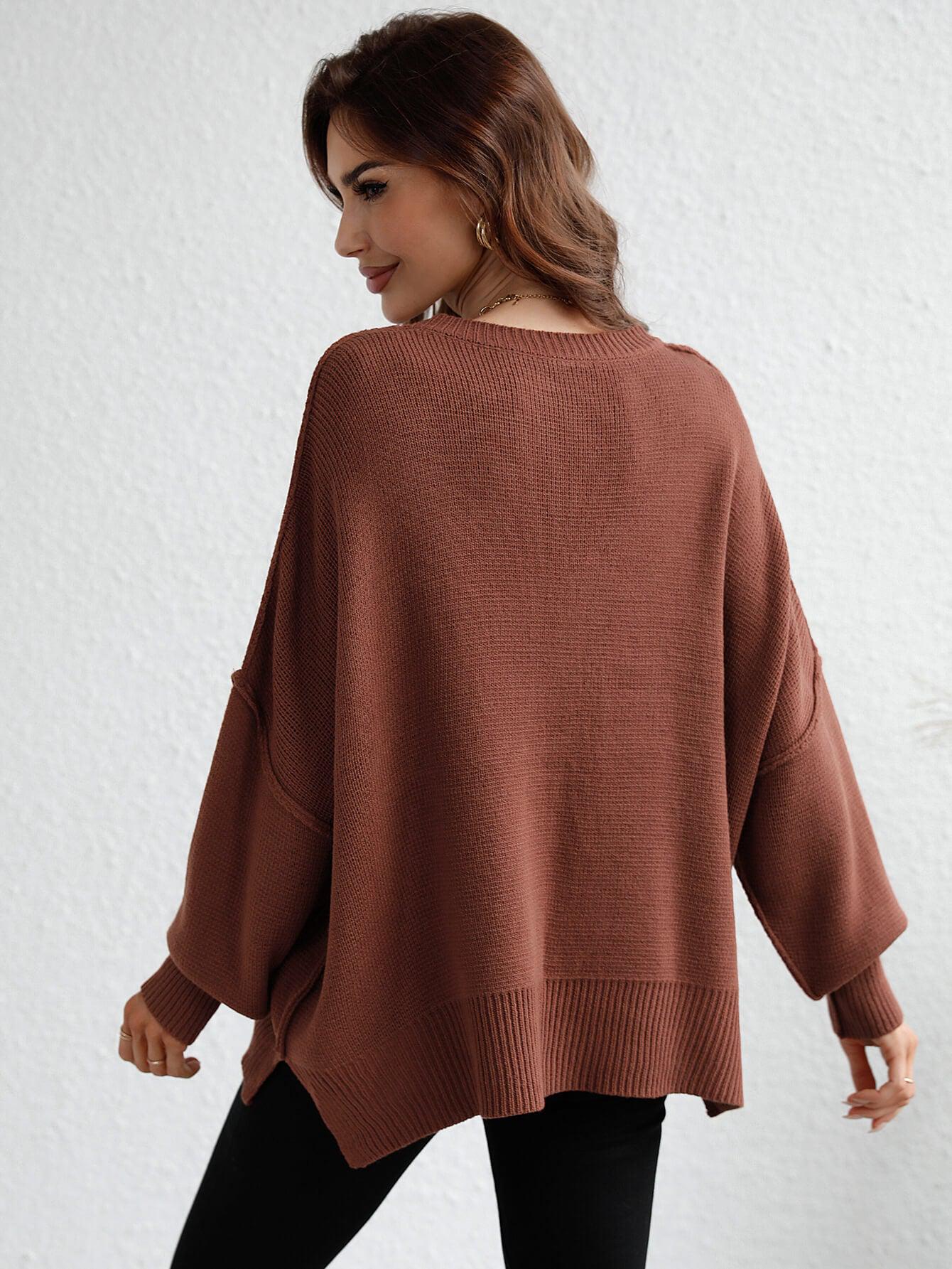 Exposed Seam Dropped Shoulder Slit Sweater BLUE ZONE PLANET