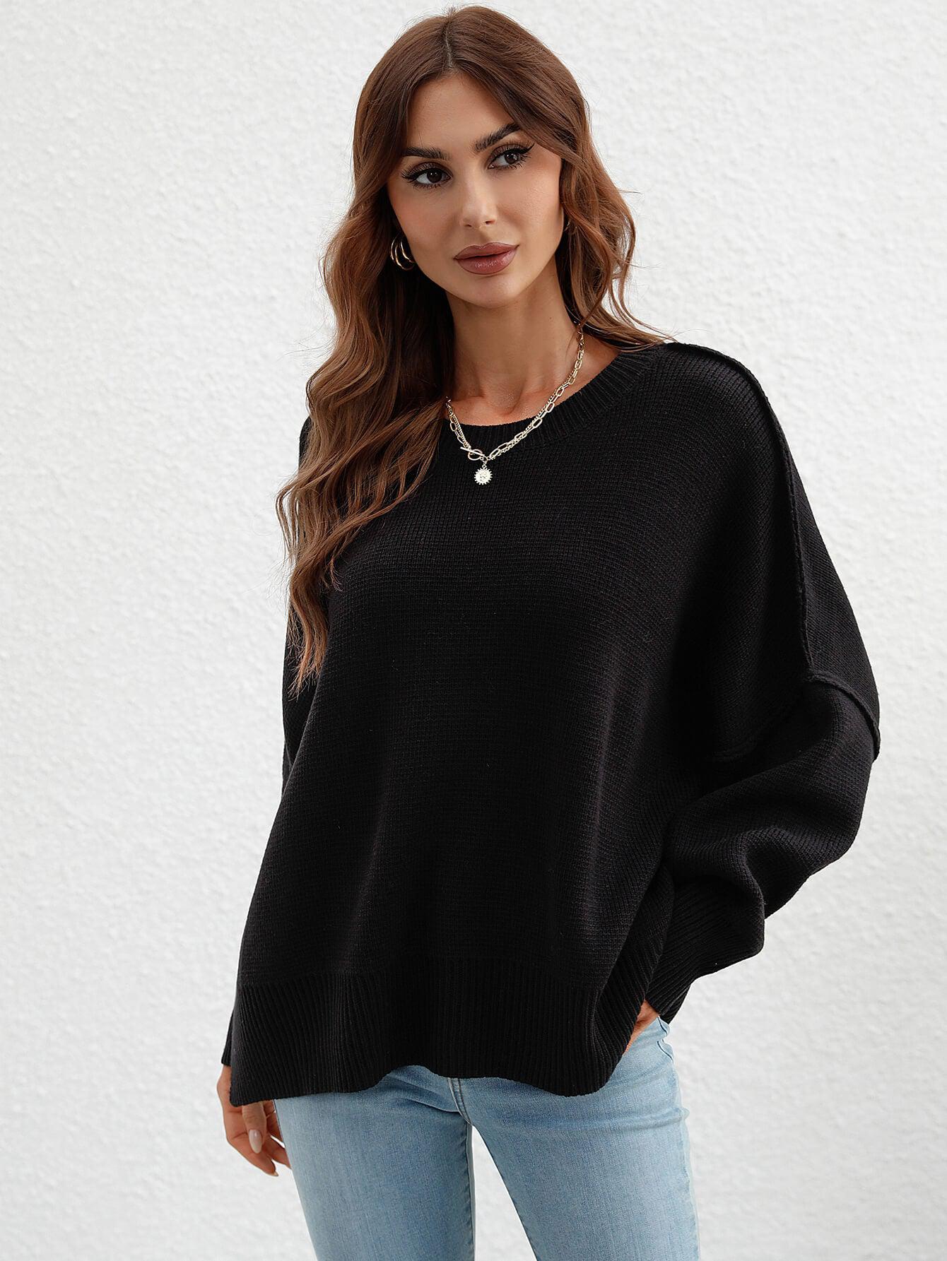 Exposed Seam Dropped Shoulder Slit Sweater BLUE ZONE PLANET