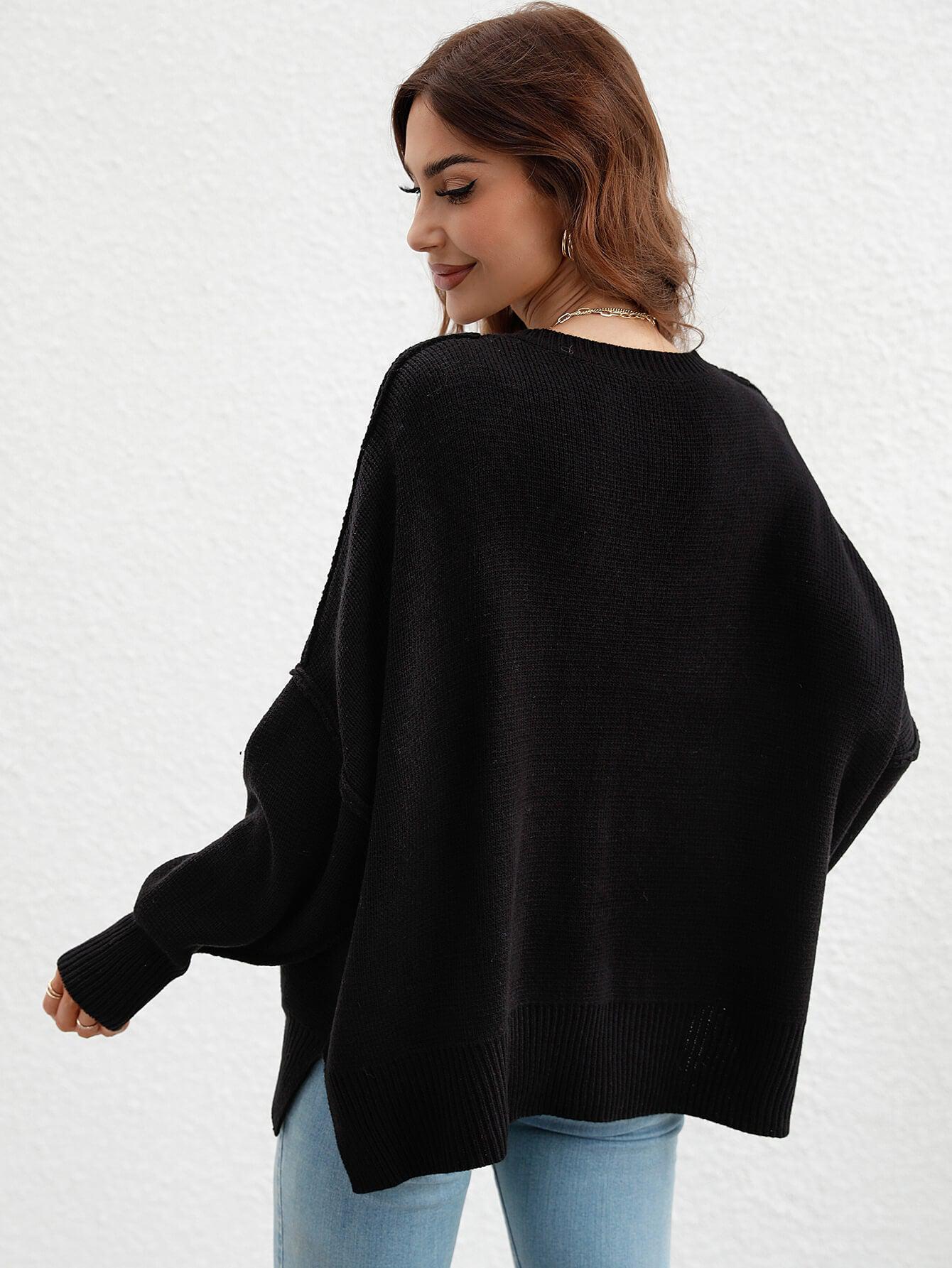 Exposed Seam Dropped Shoulder Slit Sweater BLUE ZONE PLANET