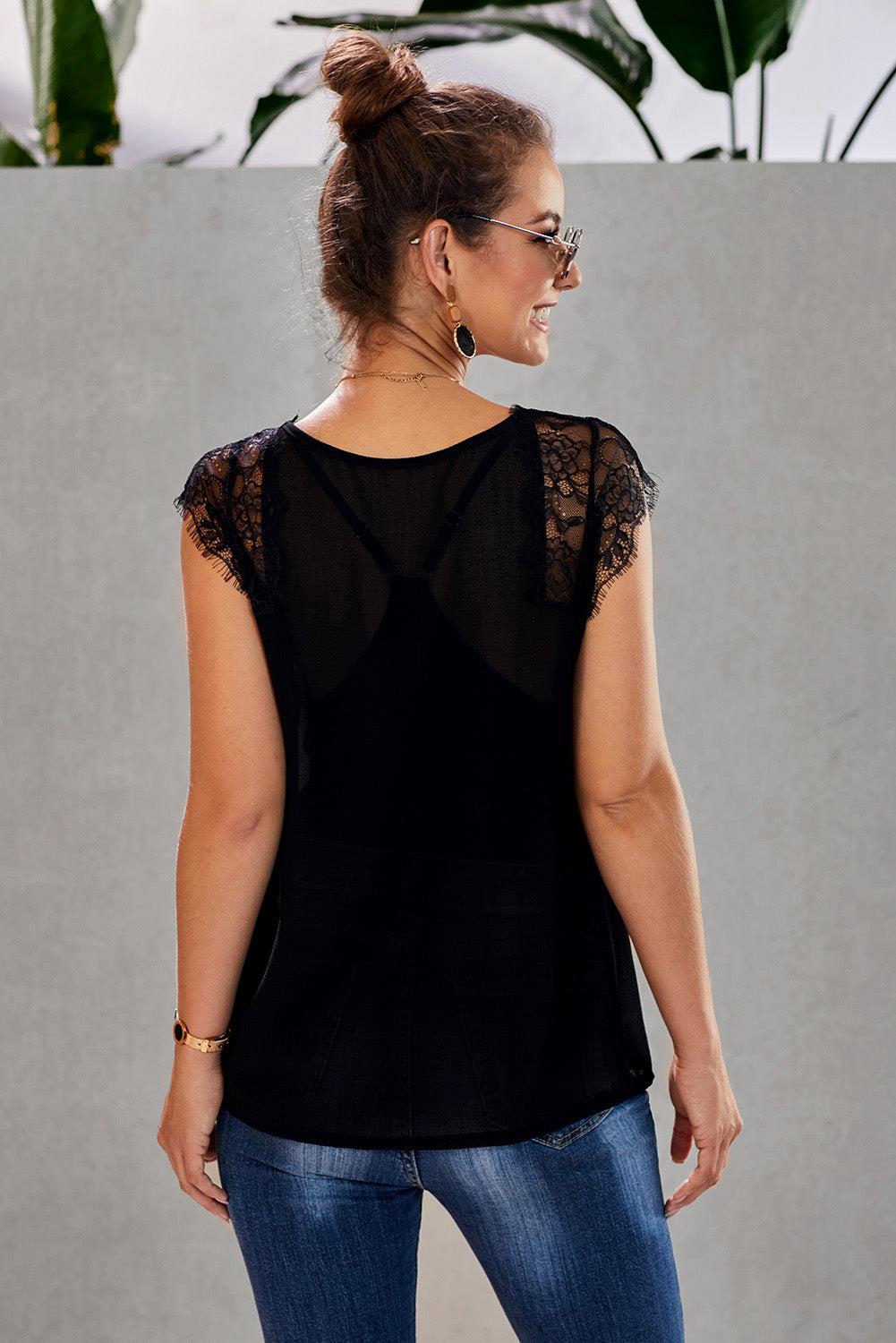 Eyelash Trim Spliced Lace V-Neck Tank BLUE ZONE PLANET