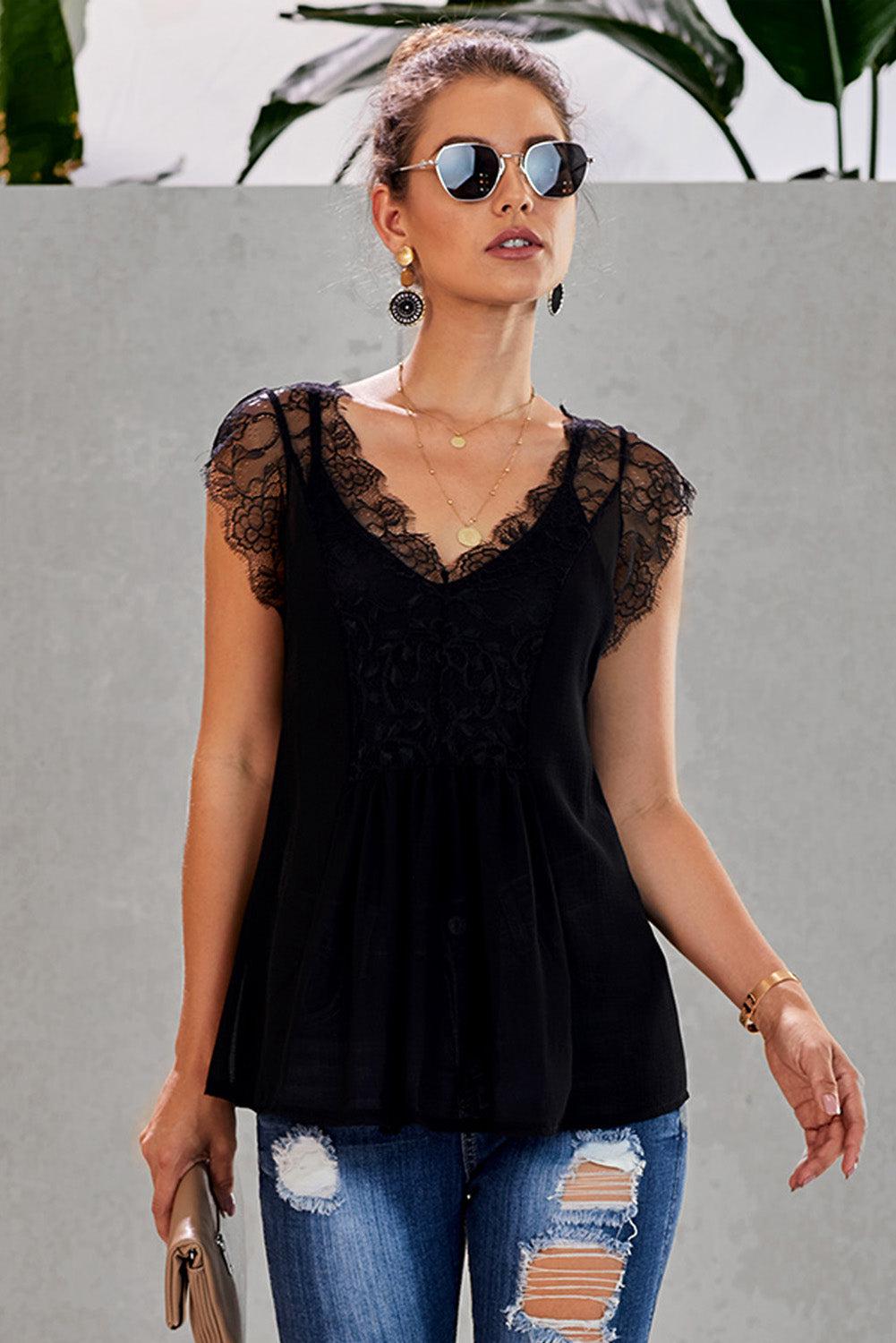 Eyelash Trim Spliced Lace V-Neck Tank BLUE ZONE PLANET