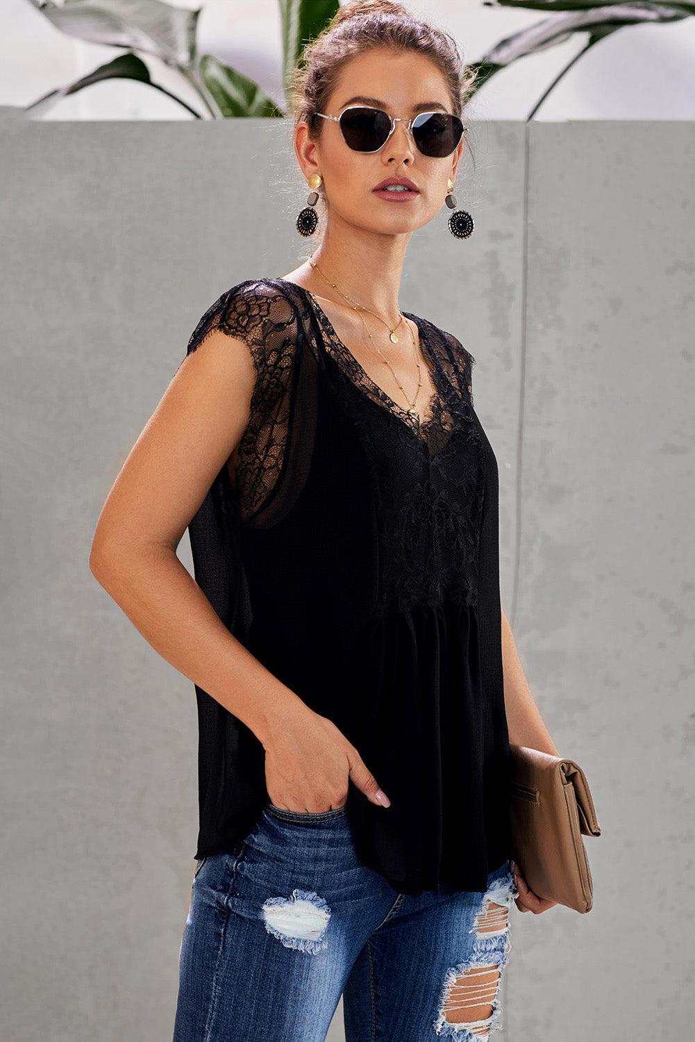 Eyelash Trim Spliced Lace V-Neck Tank BLUE ZONE PLANET