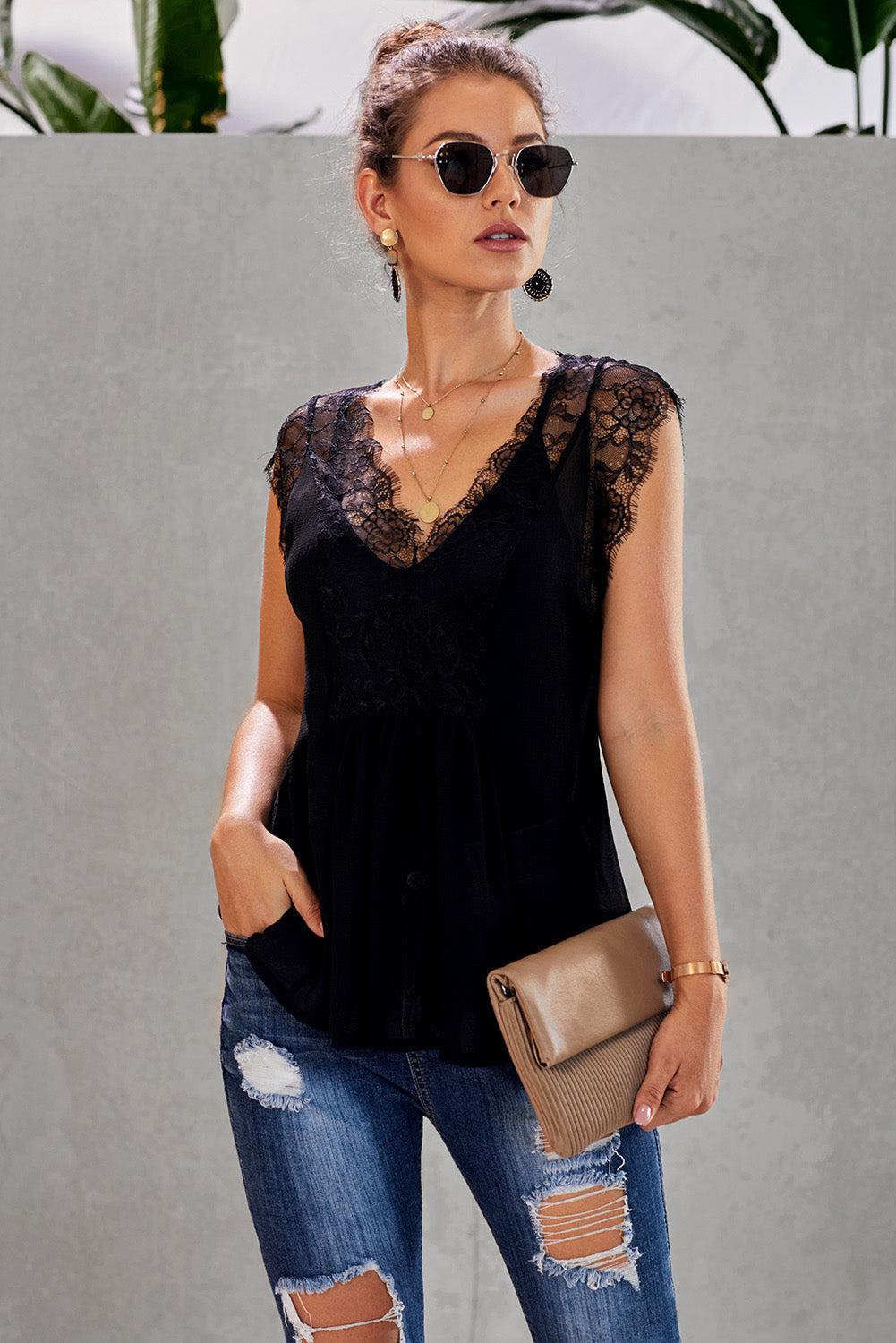 Eyelash Trim Spliced Lace V-Neck Tank BLUE ZONE PLANET