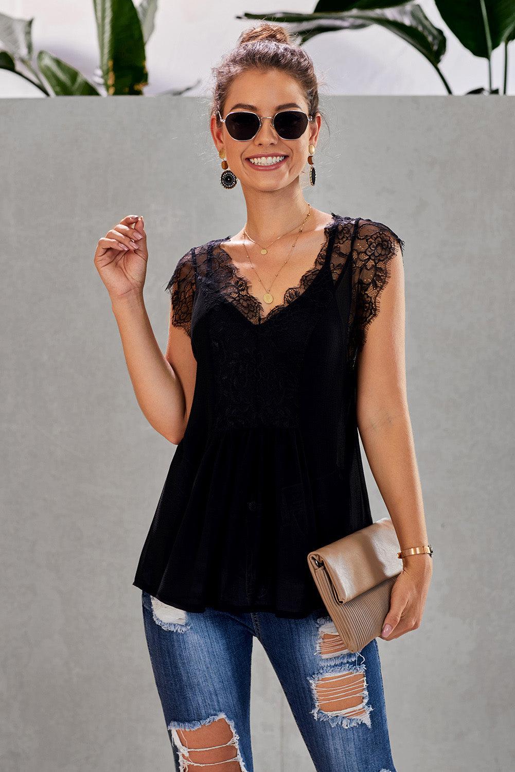 Eyelash Trim Spliced Lace V-Neck Tank BLUE ZONE PLANET